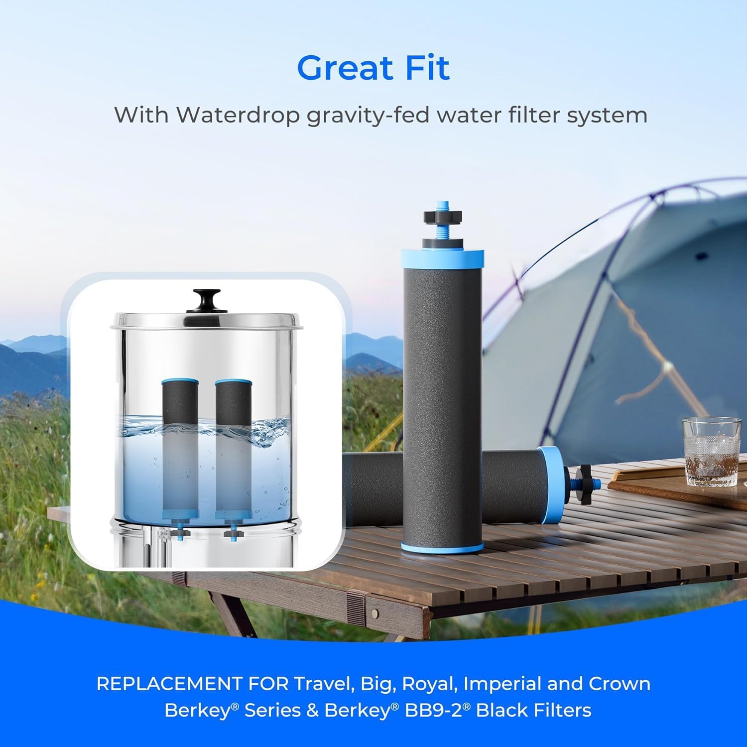 Waterdrop Upgrade Gravity-fed Water Filter System, with Silver Ions Enhanced Filtration, Reduces Fluoride and up to 99% of Chlorine, with 6 Filters and Metal Spigot