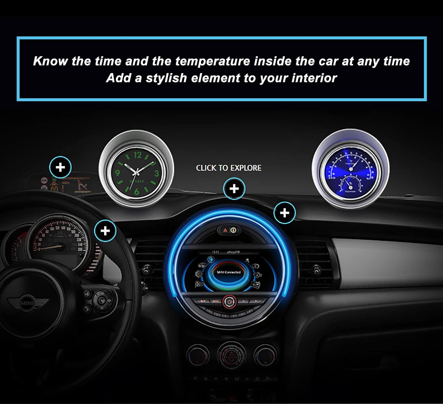 COYOUCO Car Vehicle Thermometer Hygrometer Clock, Stick-On Classic Dashboard Thermometer Hygrometer Clock with Quartz Digital Luminous for Car Cool Decoration,Blue