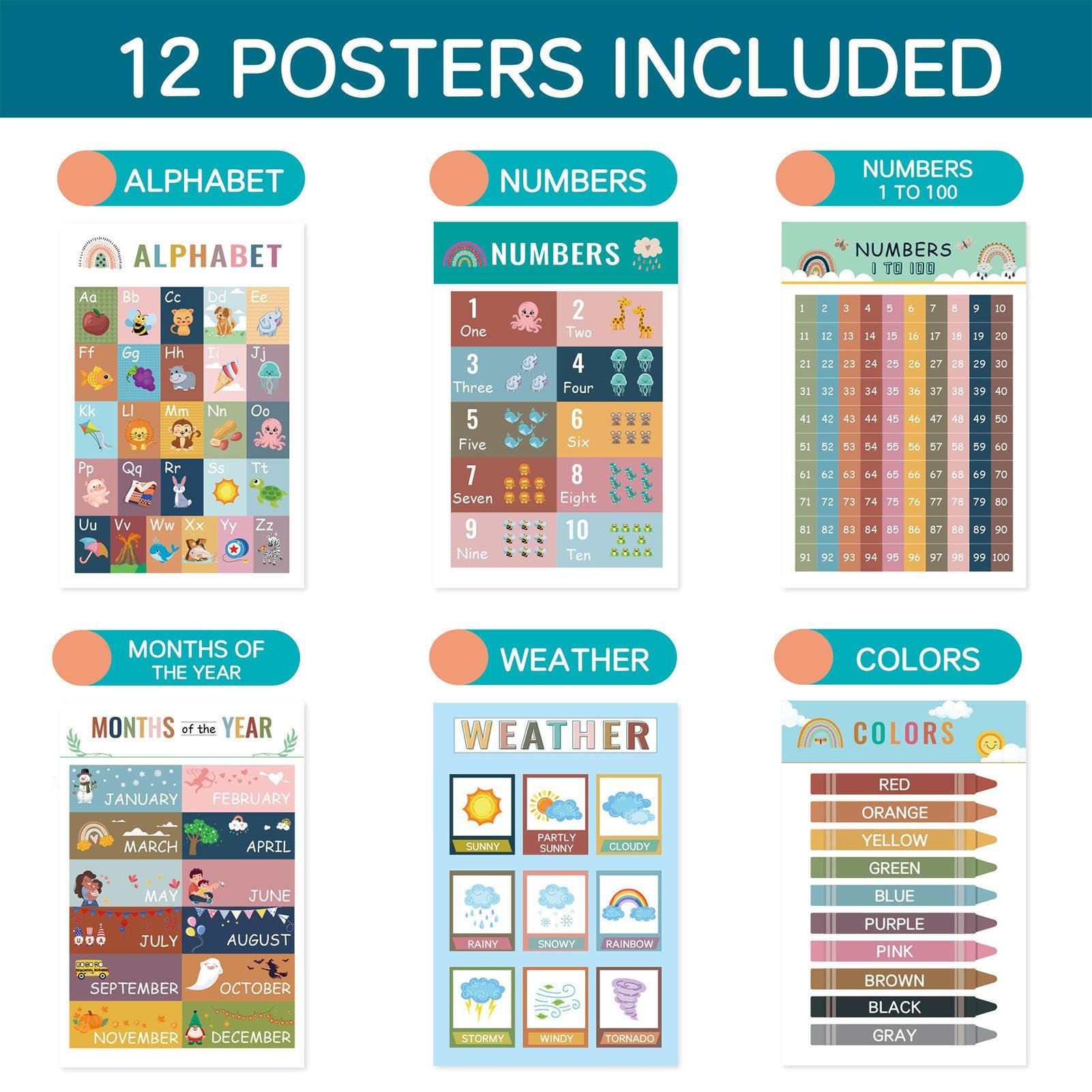 Poster educativi 40,2 x 40,2 cm set di 12 stampe con numeri e lettere per bambini in età prescolare