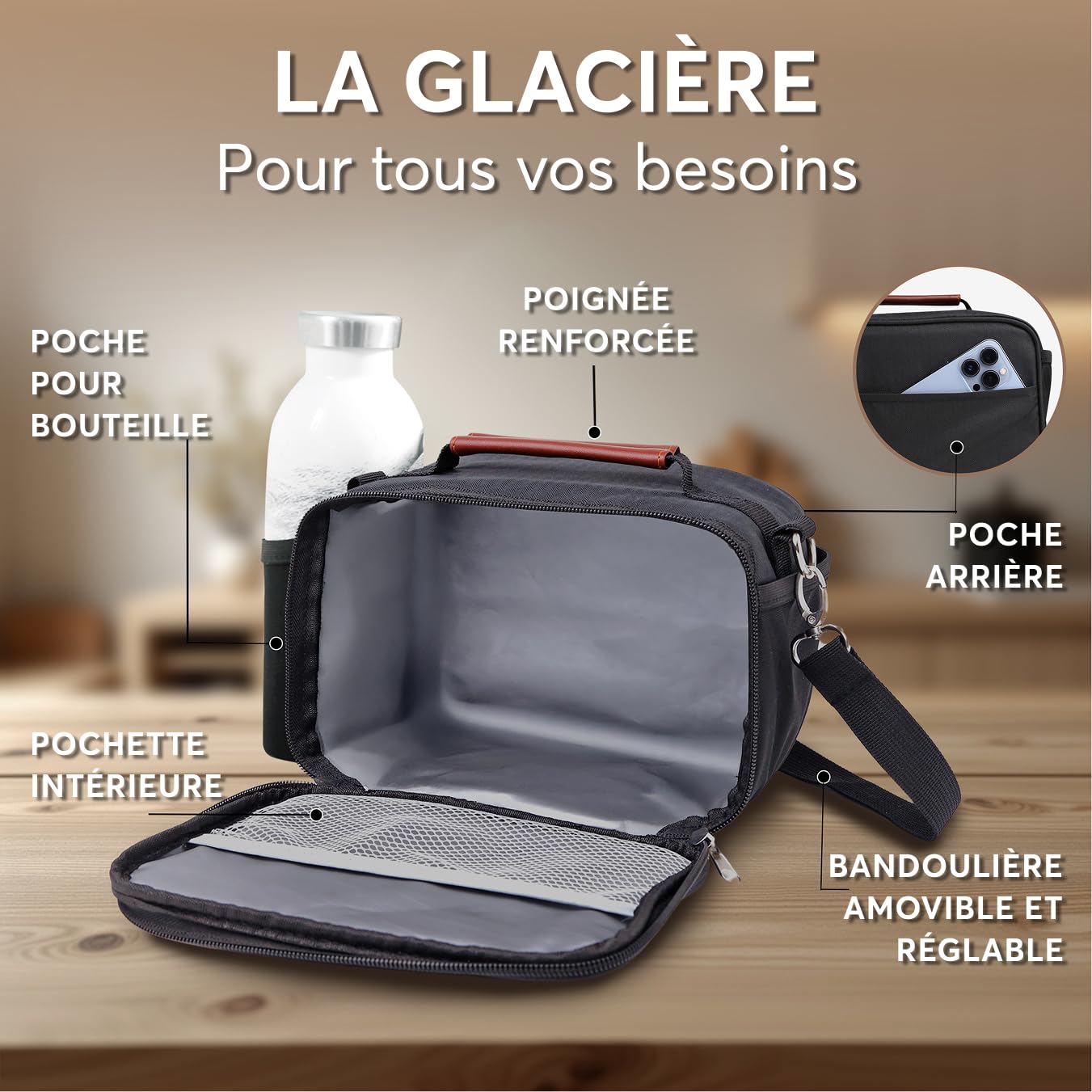 Umami Sac Isotherme Repas Femme/Homme 4L, L'élégance et la fraîcheur au Quotidien avec Notre Lunch Box Isotherme, idéale pour Le Bureau, sur Le Pouce, Petite Glacière Souple, Noir Uni