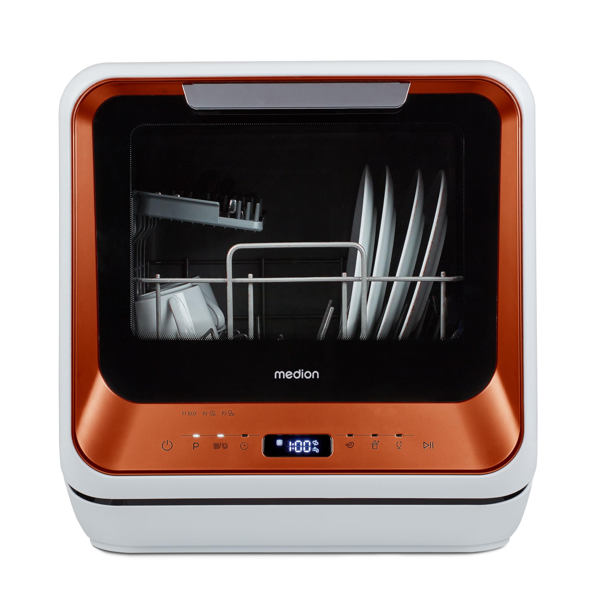 MEDION Mini Dishwasher DWT20 (lavastoviglie da tavolo, lavastoviglie, 2 coperti, funziona con/senza collegamento all'acqua, 6 programmi di pulizia, biberon, preselezione dell'ora di avvio