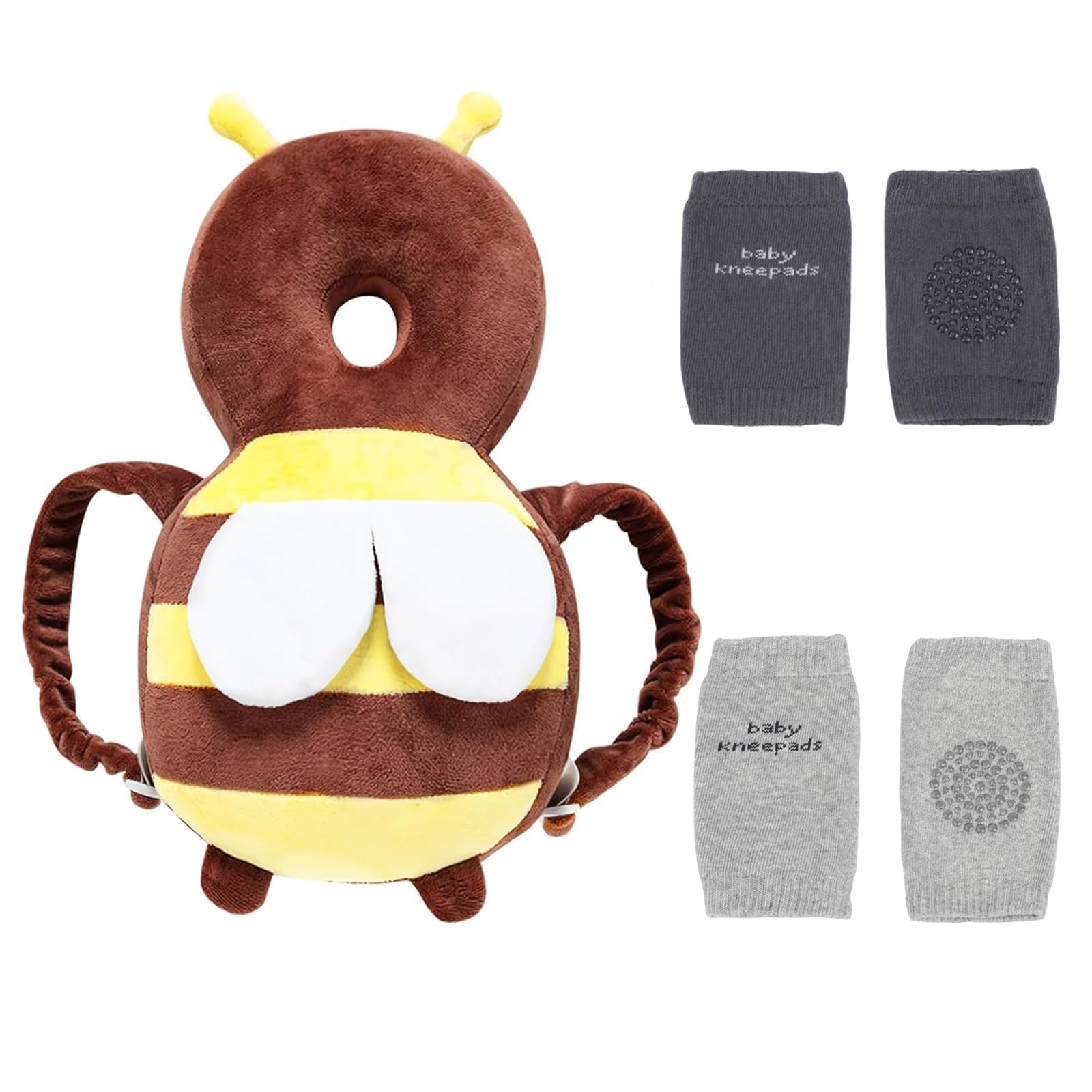 VBNZBK Baby Kopfschutz, Atmungsaktive Verstellbares Baby Kopfschutzpolster mit Knieschoner Baby Krabbeln Geeignet für Kinder Von 4 Bis 24 Monaten, die Krabbeln und Laufen Lernen (Biene, Braun)