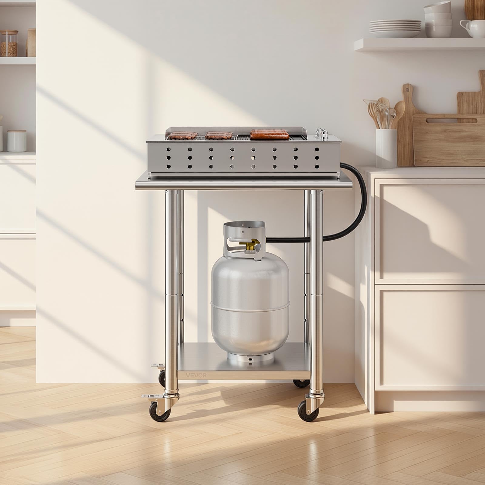 VEVOR Mesa de Trabajo de Acero Inoxidable 2 Niveles, Mesa de Preparación con Ruedas 76,2 x 61 x 89,4 cm, Estante Inferior Ajustable, Protector contra Salpicaduras, para Restaurantes, Bares, Hoteles