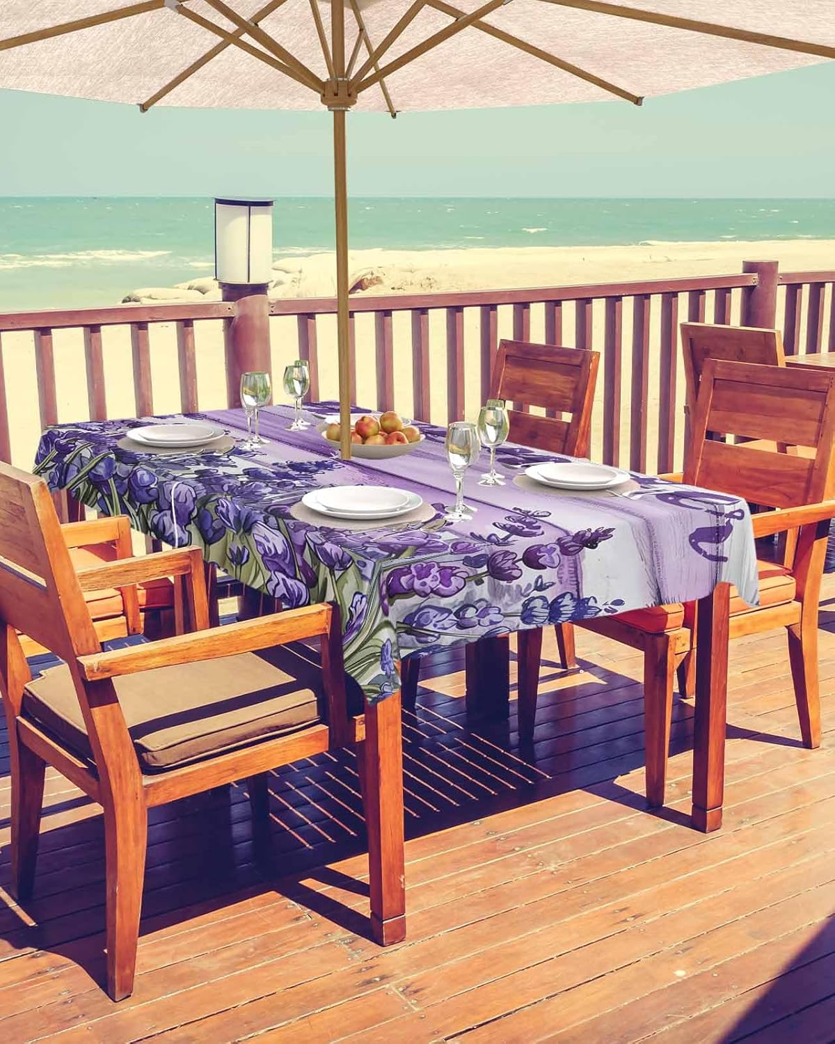 Lavender Floral Outdoor Rectangle Tablecloth with Umbrella Hole 60x84,Wrinkle Free Wipeable Fabric Table Cloth Waterproof Zippered Cover for Camping Patio Party,Purple Flower Farmhouse Wood Grain