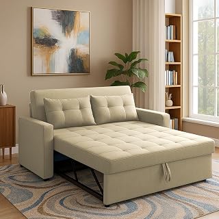 Casaliving Treshta 2 Seater Pull-Out Premium Fabric Sofa Cum Bed Sofa Set for Living Room (Cream Fabric Color) Premium Fabric Sofa Set