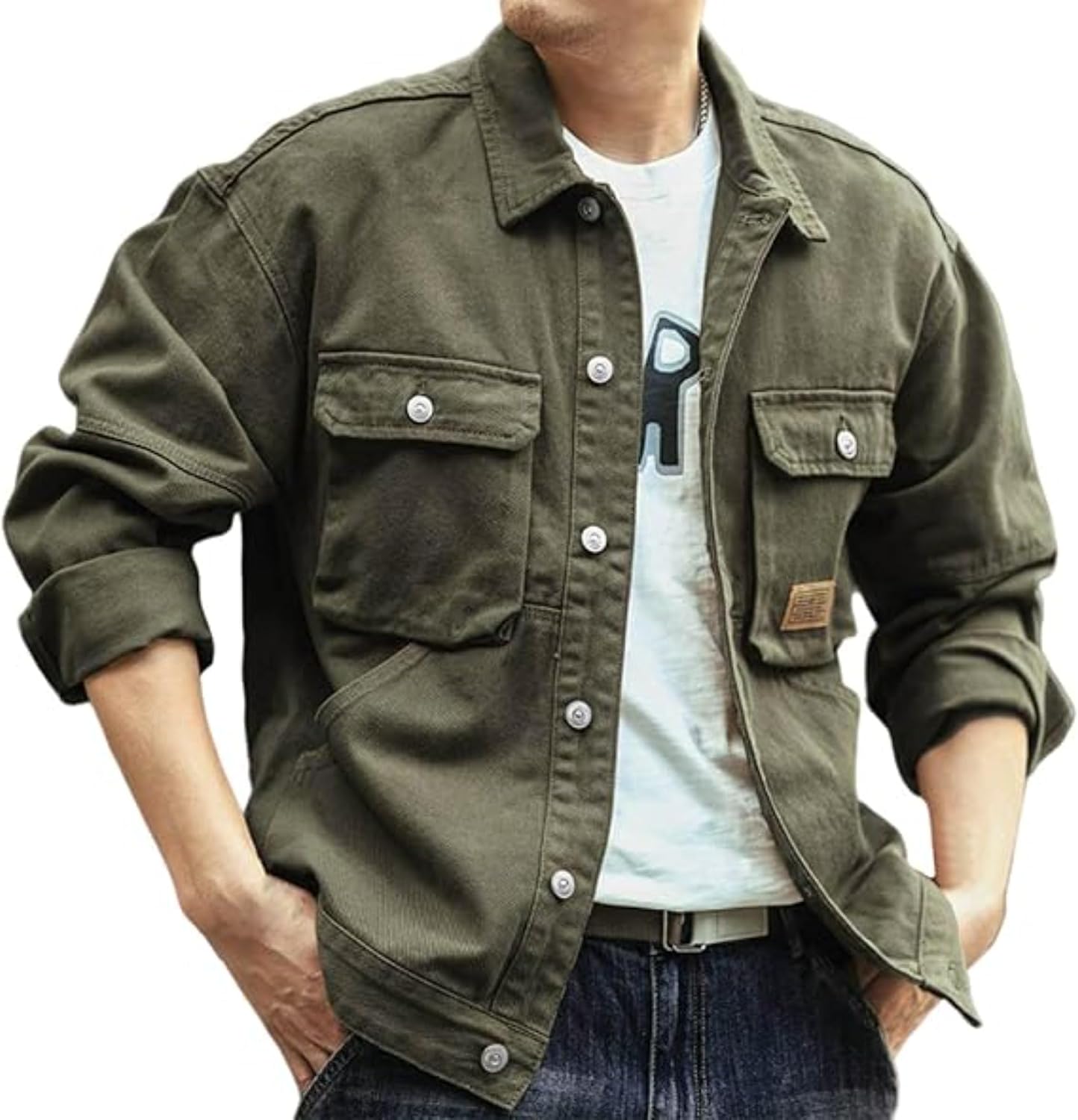 DGHM-JLMY Men's Long Sleeve Cargo Denim Jacket Regular Trendy Trucker Jean Jackets Casual Button Denim Outerwear