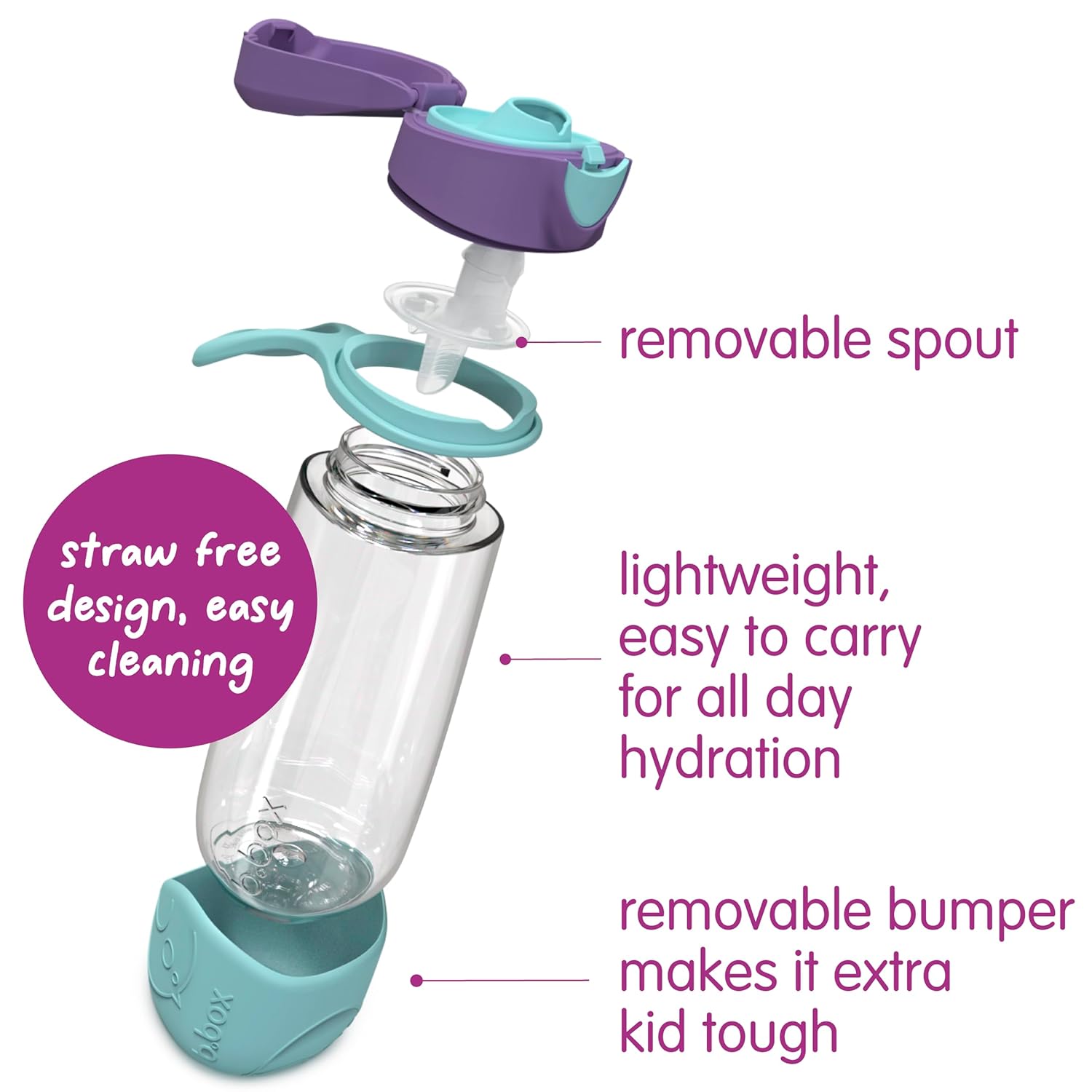 b.box 15oz Sport Spout Kids Water Bottle for School, Sports, Daycare - No-Straw Design for Easy Cleaning - Leakproof - Ergonomic Triangle Grip - Dishwasher Safe, BPA Free, PFAS Free - Lilac Pop - Image 8