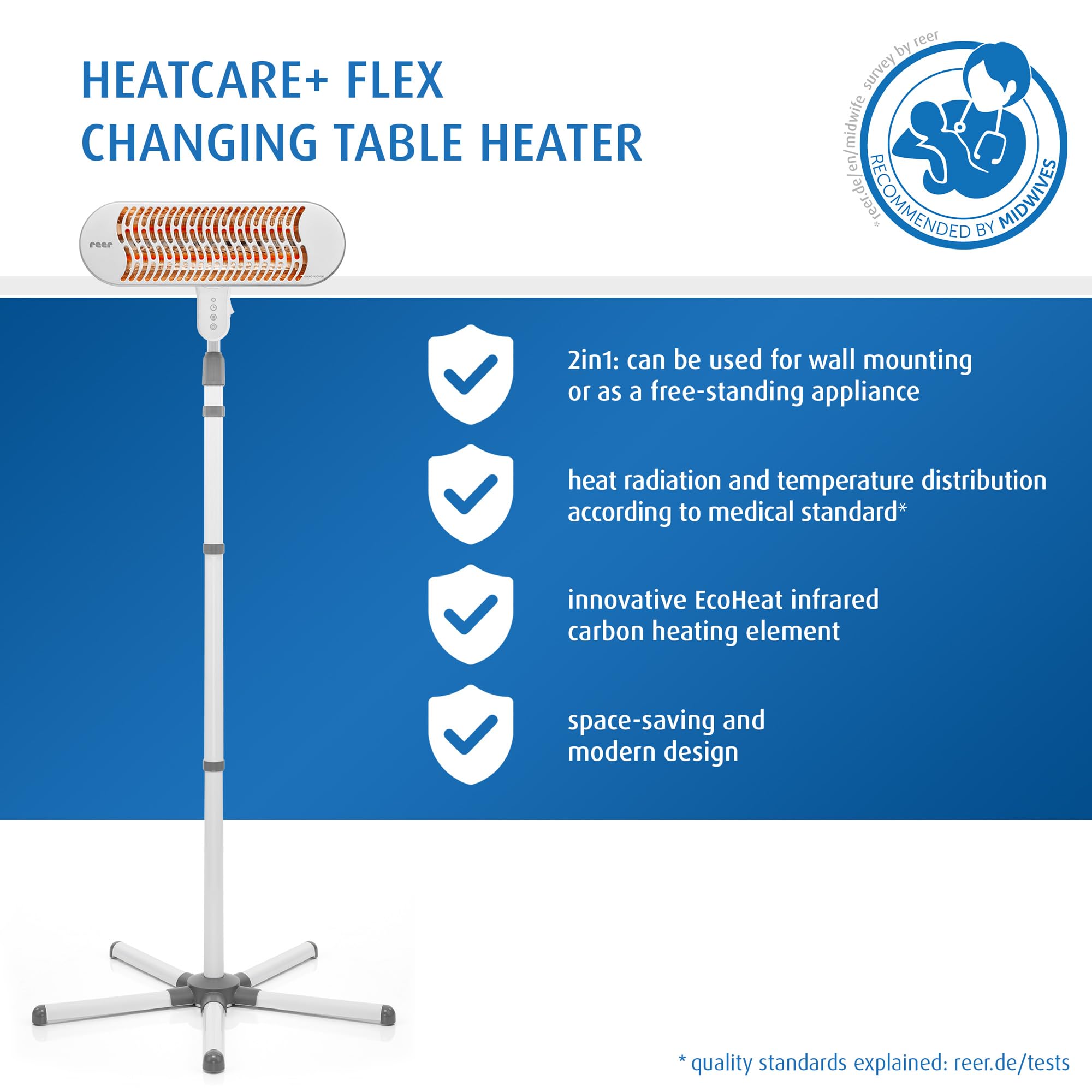 reer HeatCare+ Flex - Radiateur thermique pour table à langer - EcoHeat Carbon - Chauffage infrarouge avec base et tête inclinée - Distributeur de chaleur pour bébé - Économie d'énergie