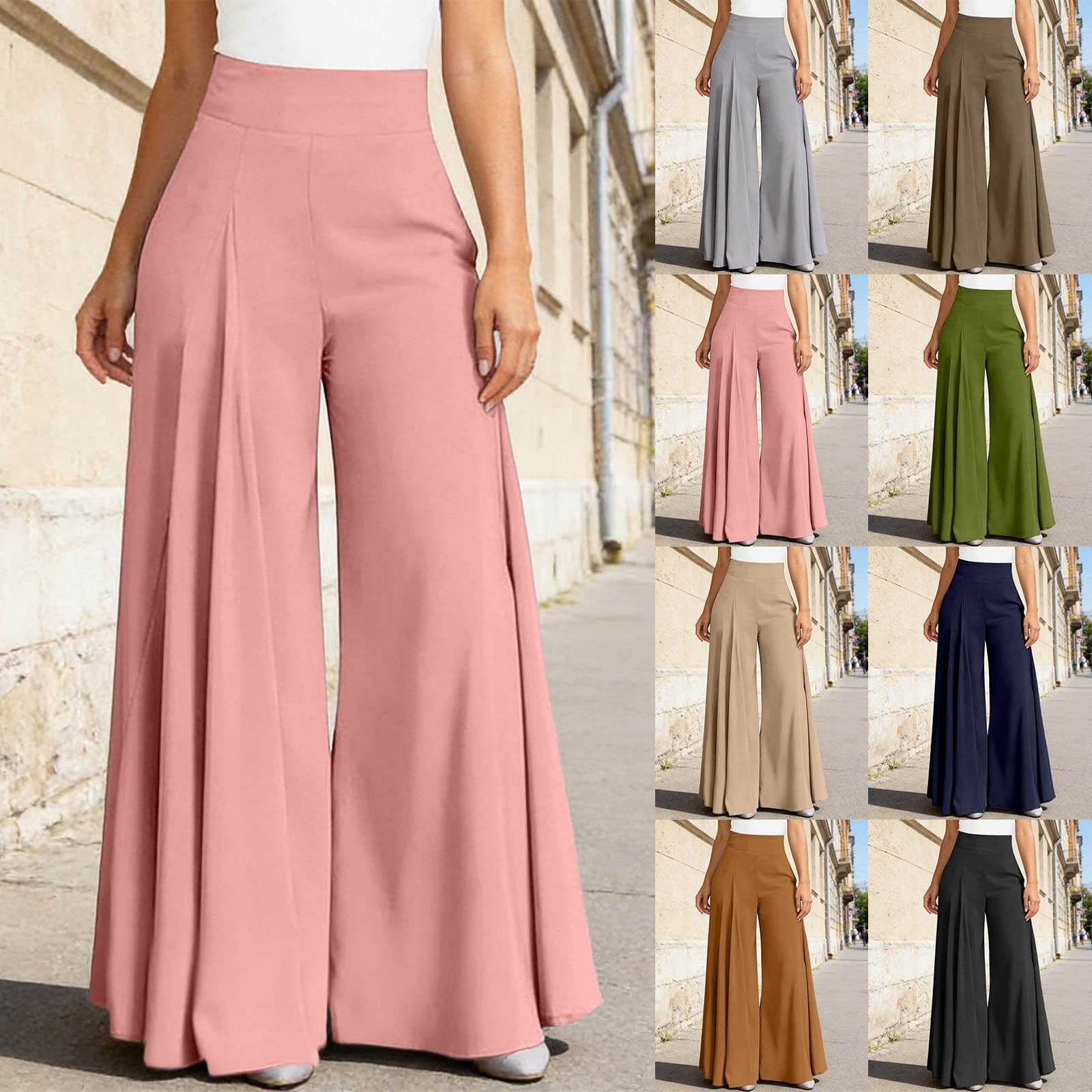 Hosenrock Damen - Bequem Lang Casual Weite Hose Hohe Taille Leicht Strandhose Büro Elastische Sommerhose Plissee Lässig Blume Wickelhose Weites Bein