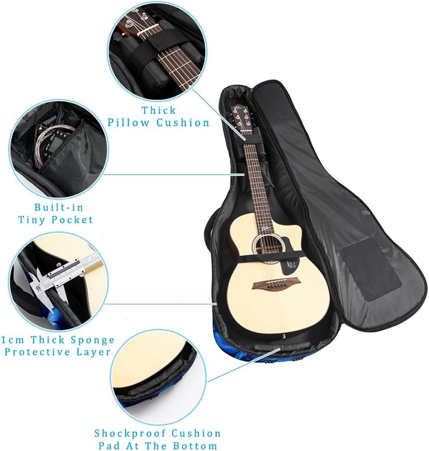 Aesthtetic Butterflies Blue Colors Acoustic Guitar Gig Bag, 1 cm Thick Padding Waterproof Guitar Bag Backpack for 40 41 42 Inch Electric Bass Classical Guitars