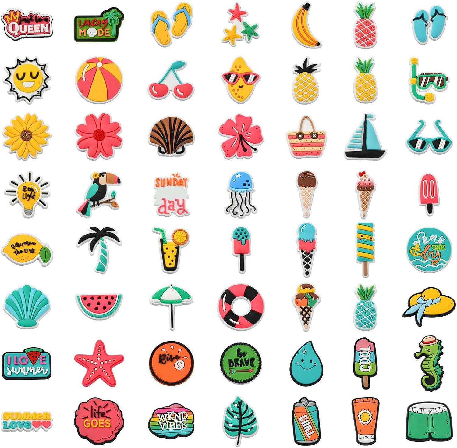 LiQunSweet 56 pcs 56 Styles Summer-themed PVC Shoe Charms Ice Cream Drink Fruit Shell Leaf Flower Swimming Sun Cabochons for DIY Jewelry Making Decorations Shoe Bag