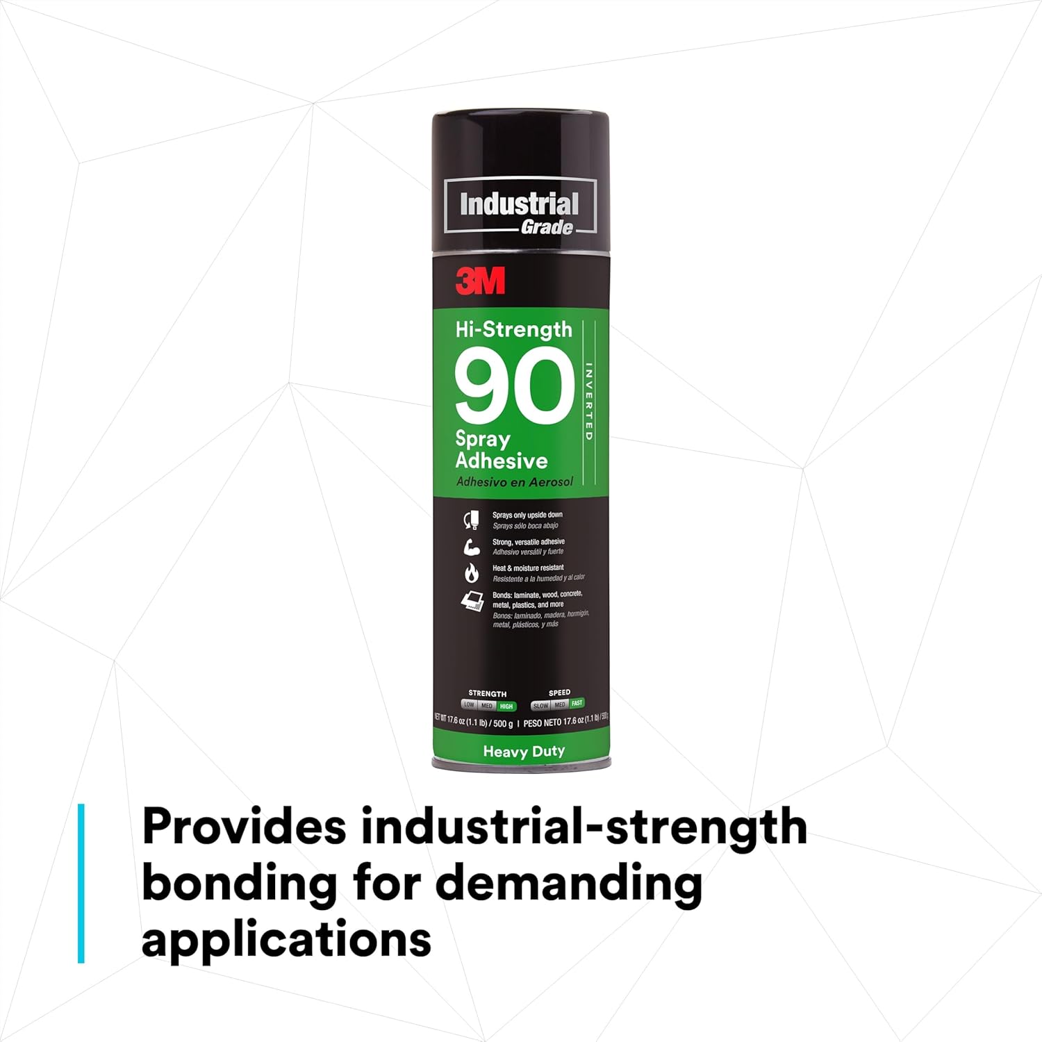 3M Hi-Strength 90 Spray Adhesive, Permanent, Bonds Laminate, Wood, Concrete, Metal, Plastic, Clear Glue, Net Wt 17.6 oz, Will Spray Upside Down Only