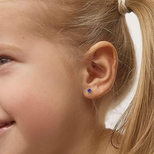 Miniatura 3 de Aretes de tuerca redondos de oro amarillo de 14 quilates de 0.157in con piedra natal simulada para niñas, aretes pequeños para niños con bloqueo