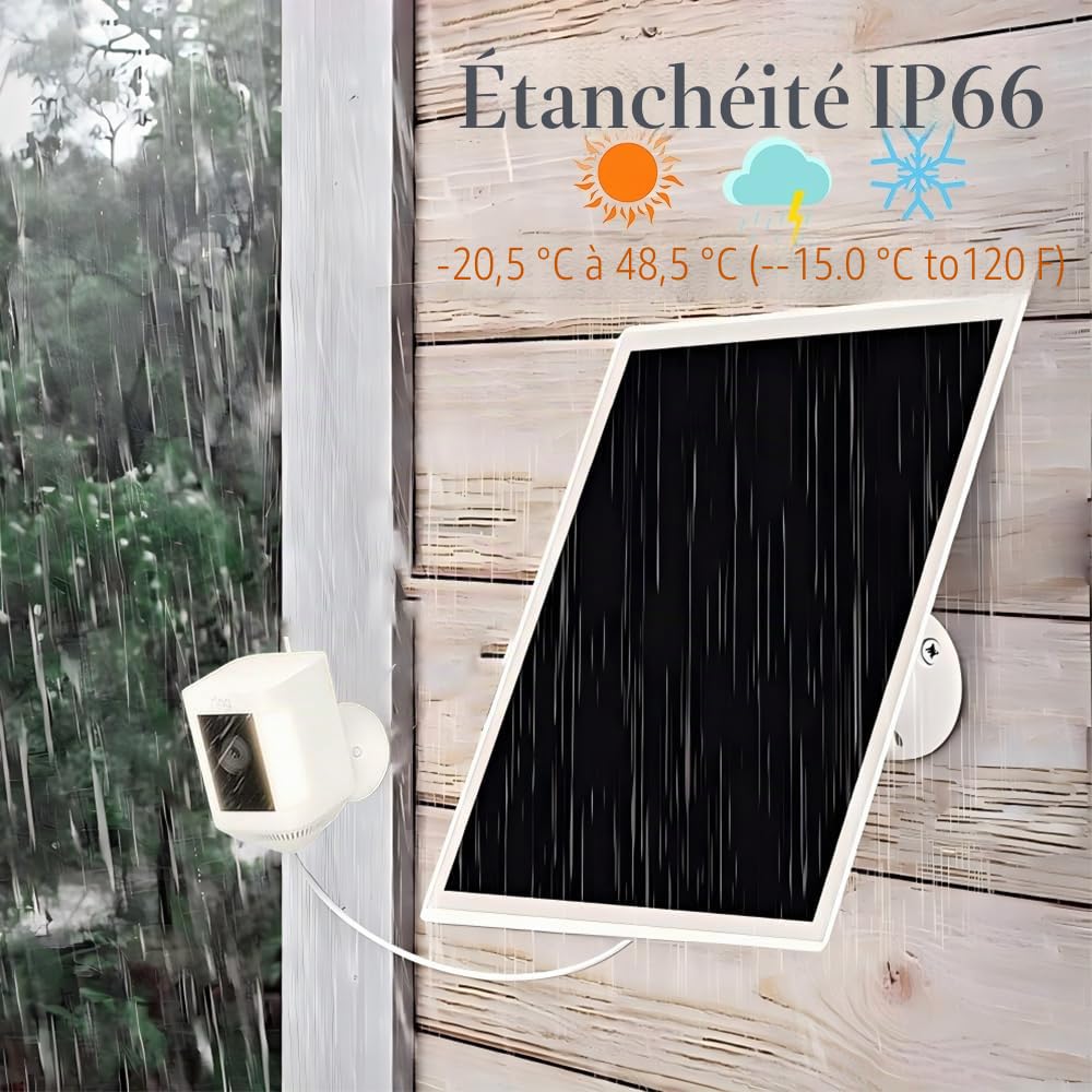 Chargeur de panneau solaire 10W/5V avec deux connecteurs DC3,5x1,35 et USB-C, câble de charge de 3 m, IP65, compatible avec Ring Spotlight Cam Plus/Pro, batterie à came de 2ème/3e Generation