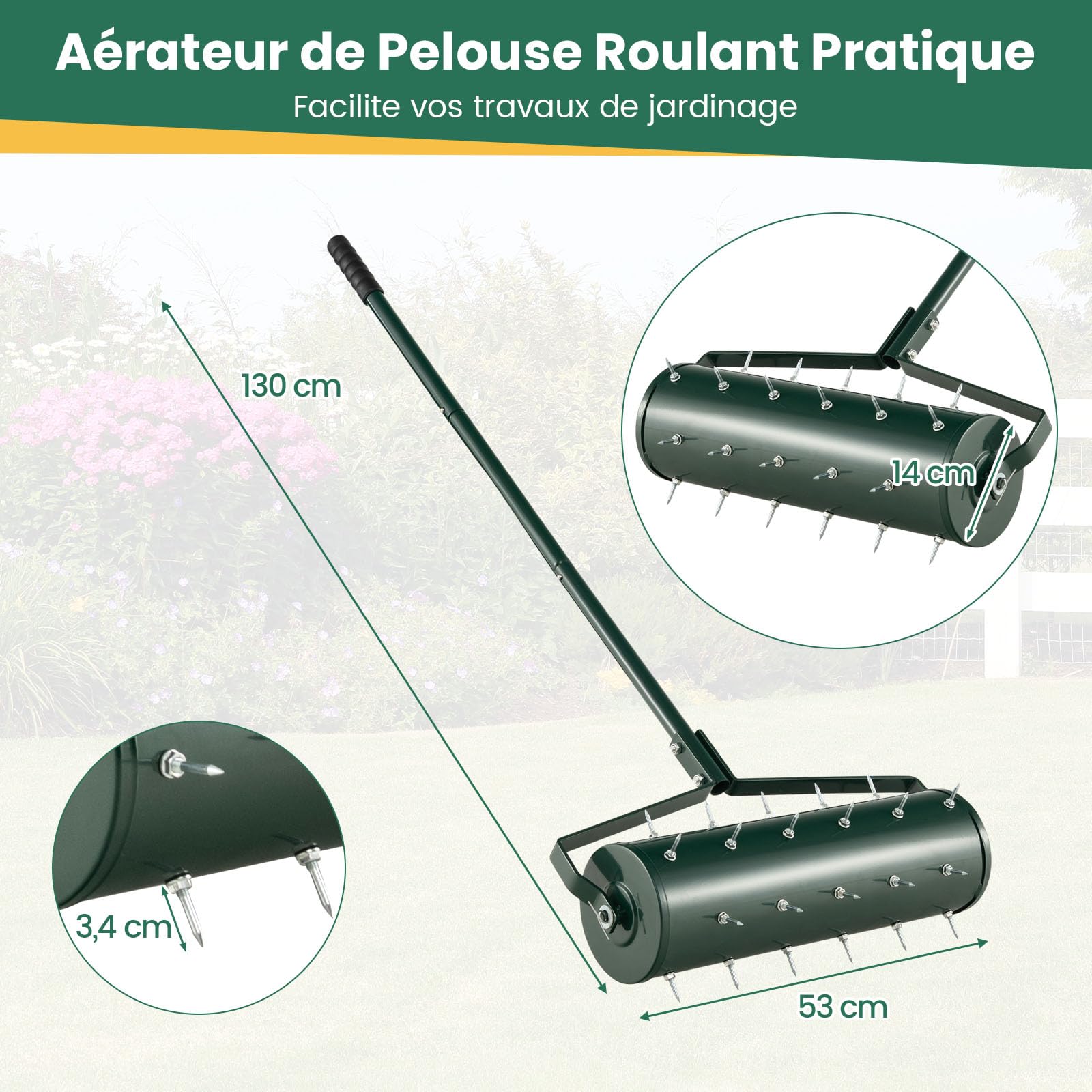 RELAX4LIFE Scarificateur Gazon Manuel 53CM avec Poignée &Rouleau à Pointes Rotatives, Rouleau Aérateur Gazon de Pelouse en Métal pour Jardin Cour Patio (6.8L | 53x130CM, Vert)