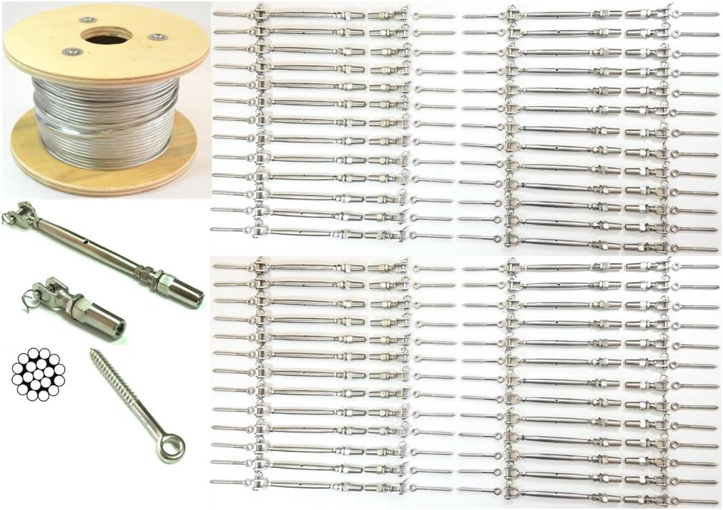 5/32 Cable Railing Kit 42"Stainless Steel 316 Cable 5/32 1 * 19 500 ft,Tensioner Quick Installation Stainless Steel 316 52-Pack,Welded Fork Swageless 52-Pack,Eye Terminal W/Wood Screw 104-Pack