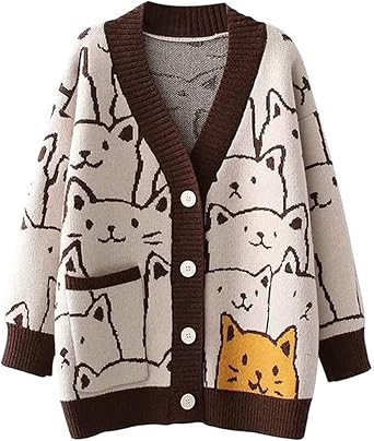 Womens Cat Sweater Cardigan Oversized Kawaii Cartoon Button Down Open Front Cat Print Knit Vintage Cardigan Sweater
