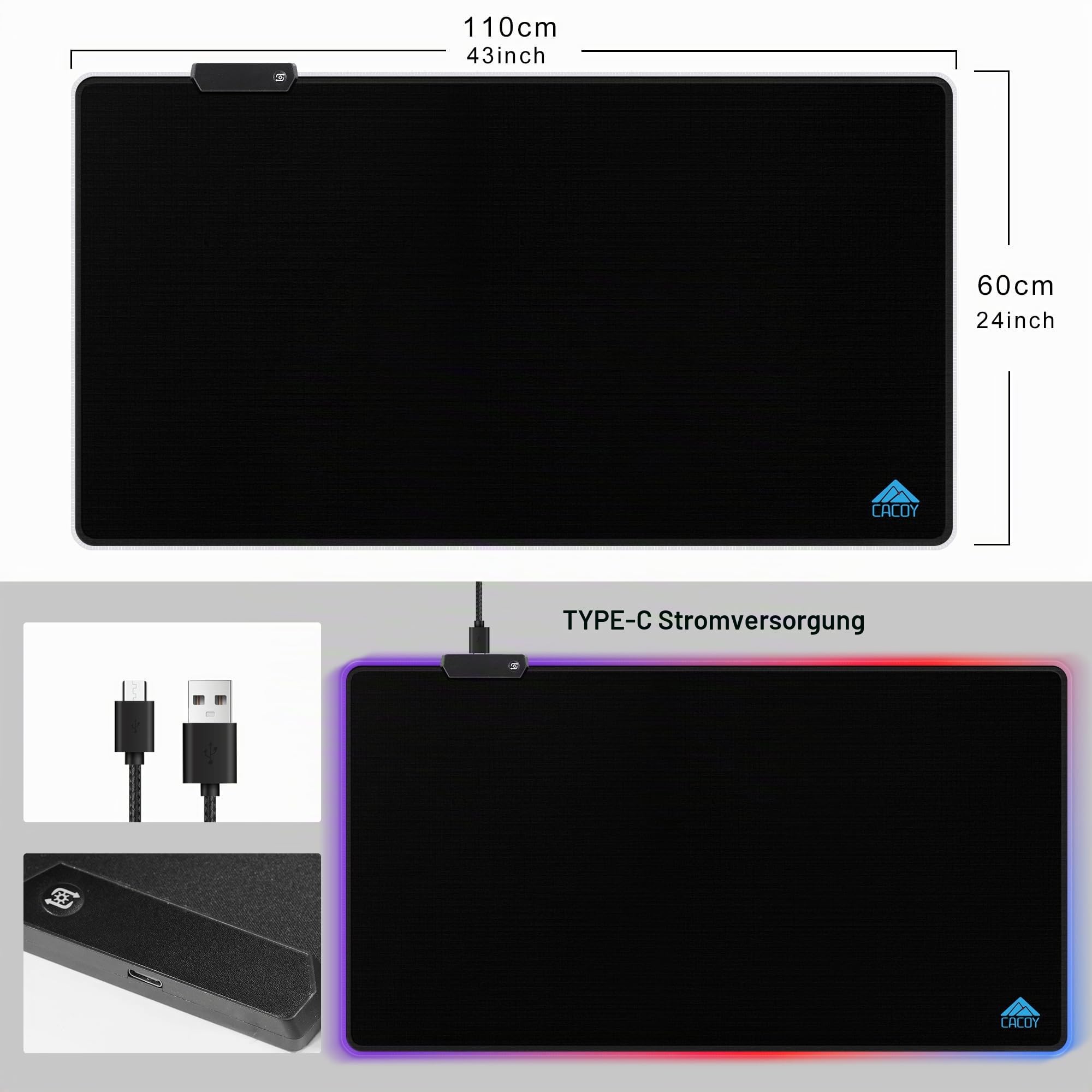 Cacoy 1100x600mm RGB Gaming-Mauspad, Großes Mauspad 9 Beleuchtungs-Modi LED | Übergröße Schreibtischunterlage, Rutschfester Gummibasis Mousepad XXL, Verbessert Geschwindigkeit für Zuhause&Büro, Schwarz