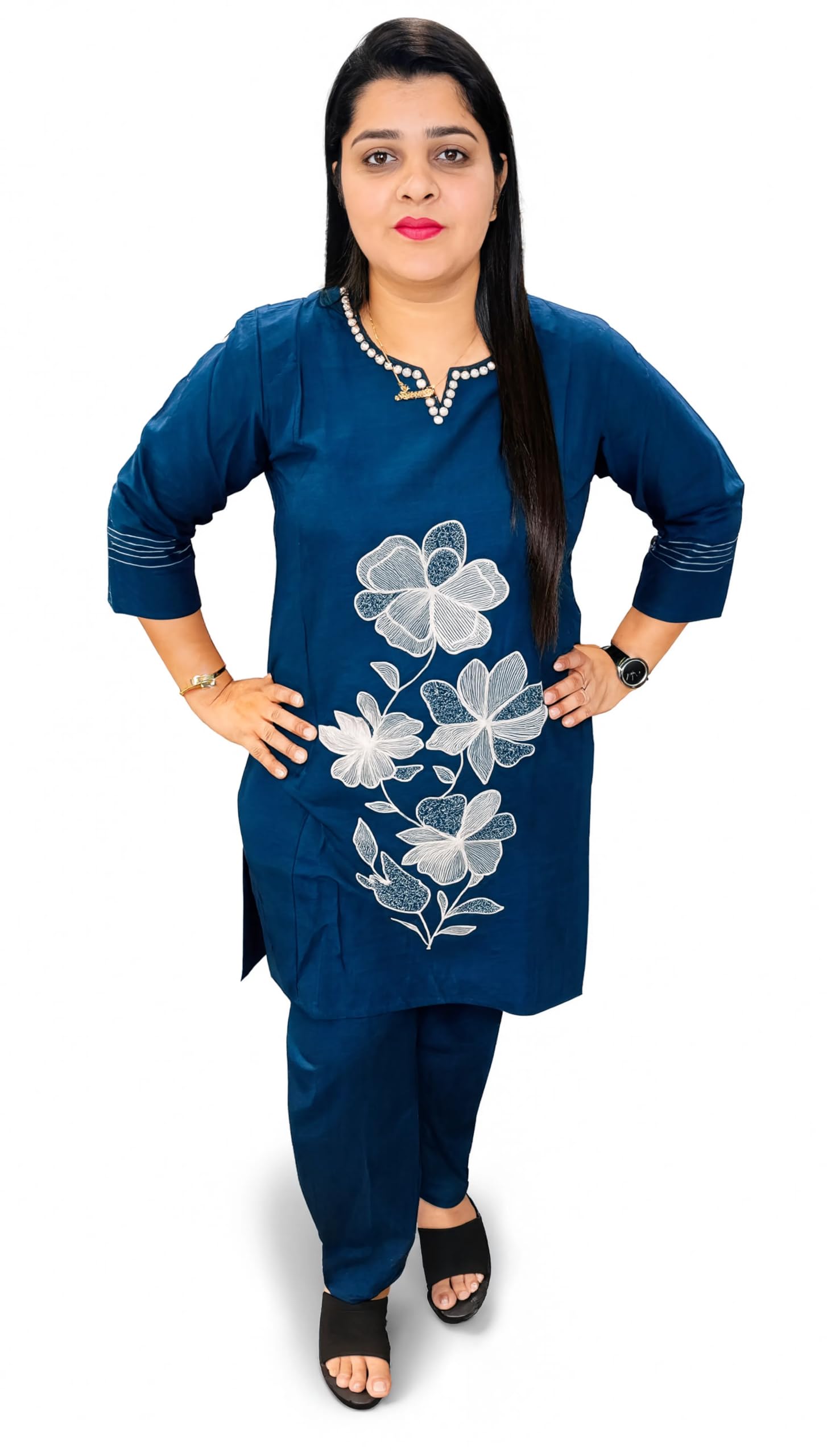 Women's Embroidered Kurti Pant Set | Floral Embroidery Straight Kurta with Pants | 3/4 Sleeve Ethnic Co-Ord Set for Women | Casual Office Wear | Navy Blue-image-28