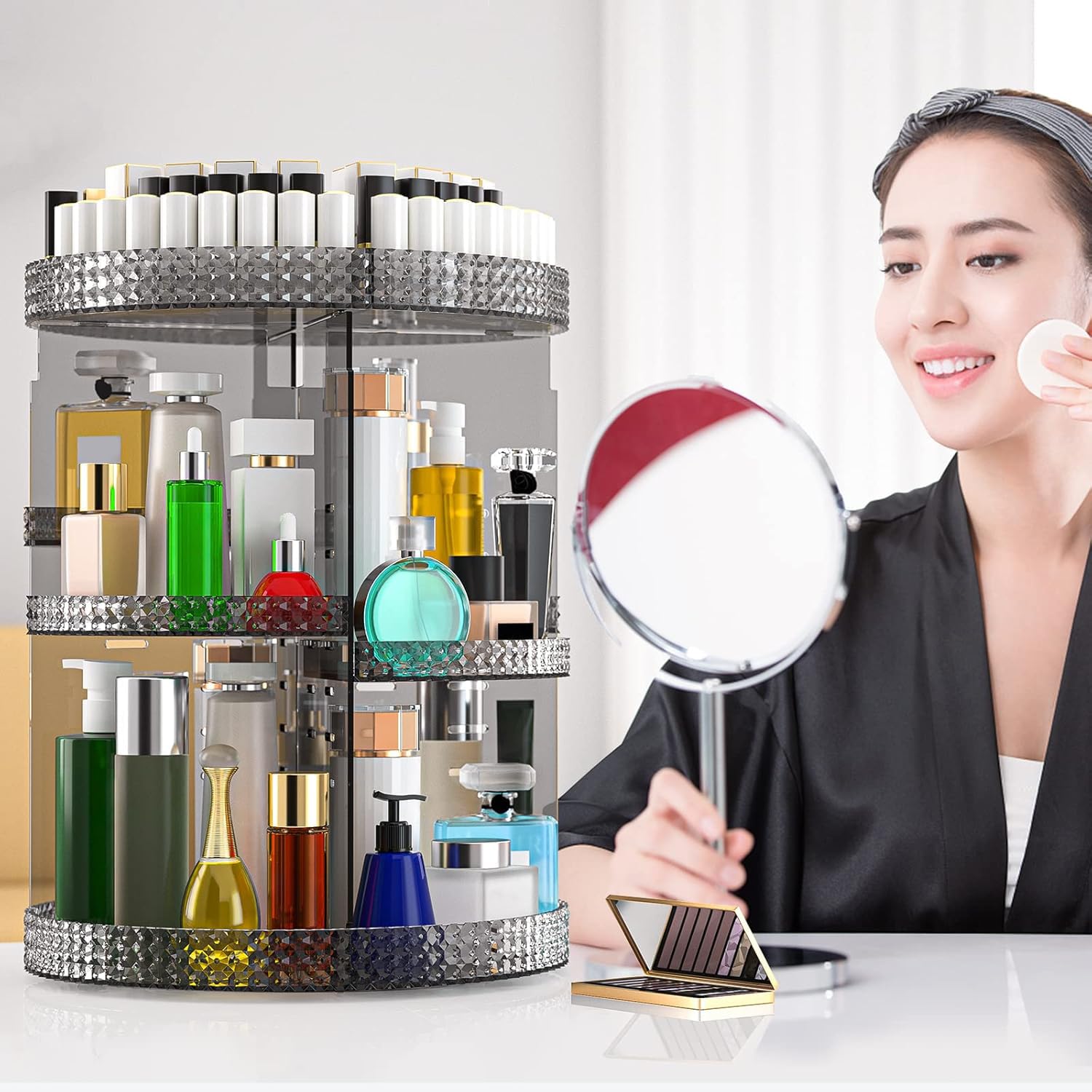 Organiseur de maquillage rotatif en acrylique, rond, 7 couches, grande capacité, convient aux pinceaux de maquillage, rouges à lèvres, salle de bain, coiffeuse, gris