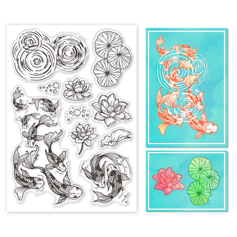 GLOBLELAND Lotus and Koi Fish Clear Stamps for Cards Making Pond Scenery Clear Stamp Seals Transparent Stamps for DIY Scrapbooking Photo Album Journal Home Decoration