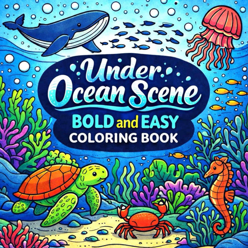 Ocean Scene Coloring Book for Adults and Kids: Bold and Easy Sea Life Designs for Relaxation Featuring Fish, Turtles and Underwater Scenes