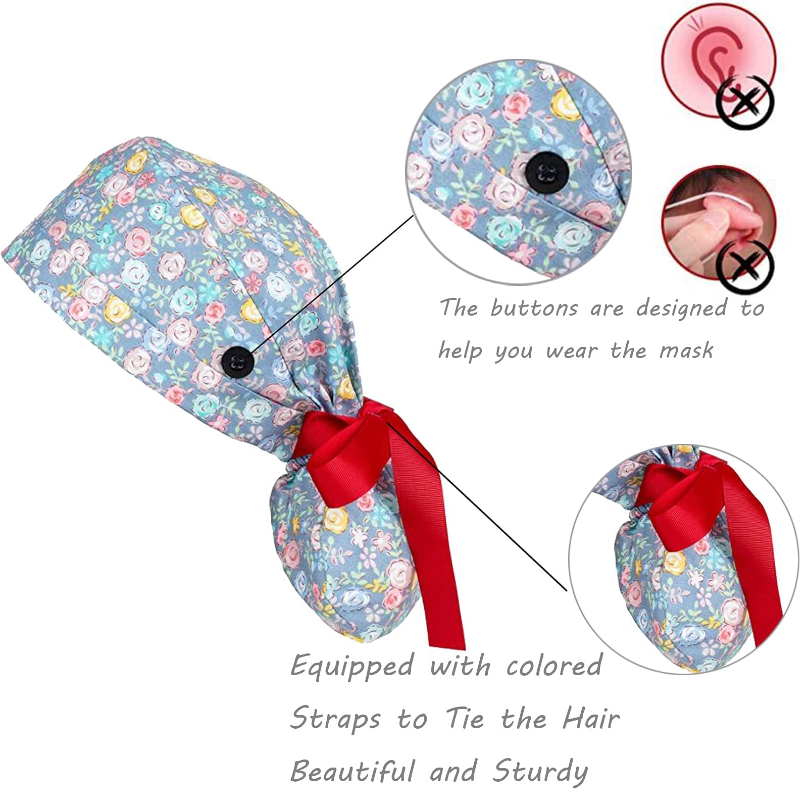 Scrub Cap with Buttons, Ponytail Pouch, Cotton Working Hat