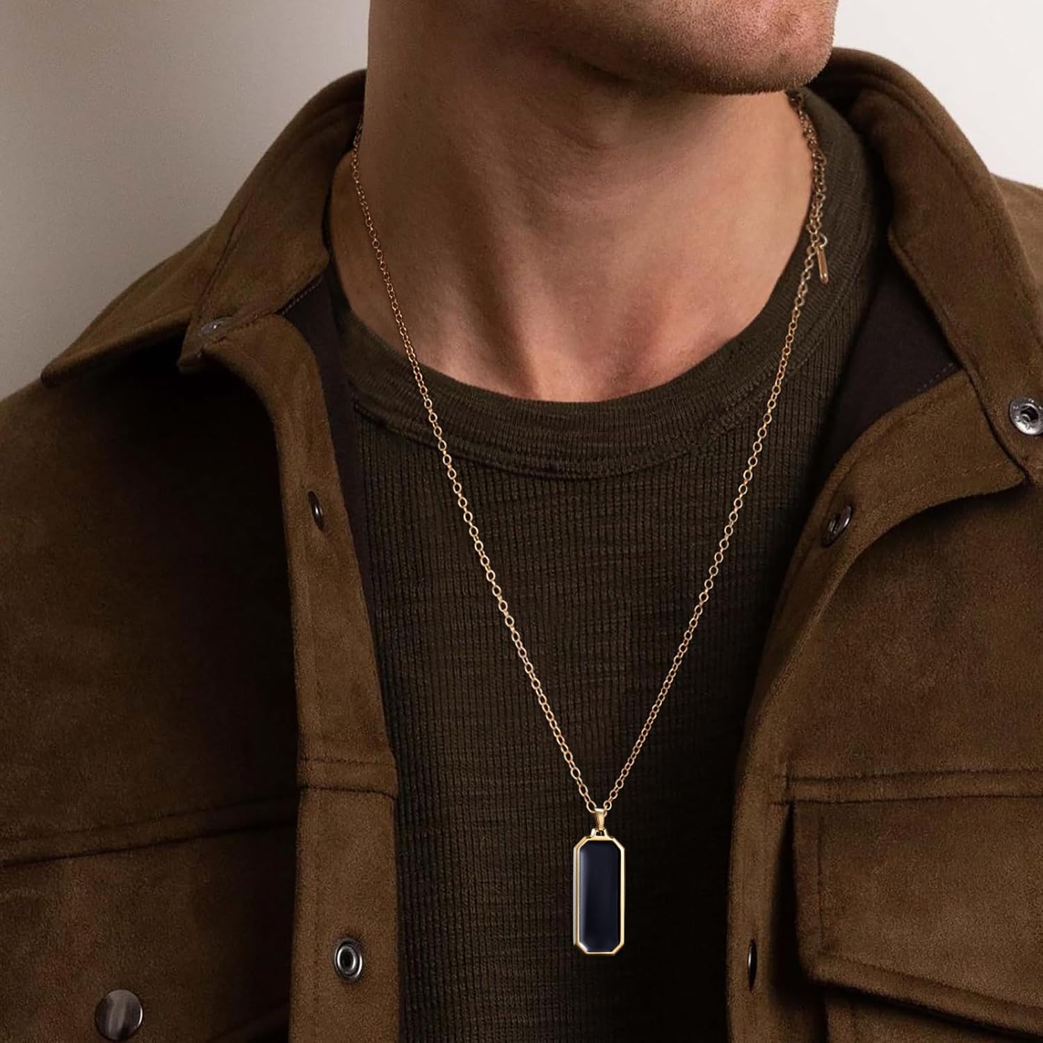 TRUMIUM Black Onyx Pendant Necklace for Mens Womens 14k Gold Plated Stainless Steel Necklace Square Rectangle Pendant Rope Chain 22inch