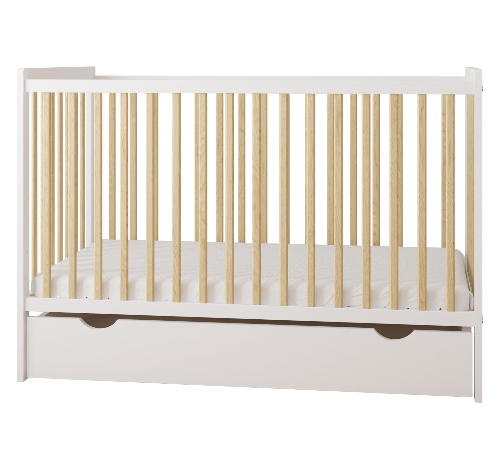 zee Cuna Bebé LUMI 120x60 cm 2 en 1 con Colchón Convertible en Cama Infantil Blanco Natural con Cajón y Barandilla Seguridad Madera de Pino Altura Regulable