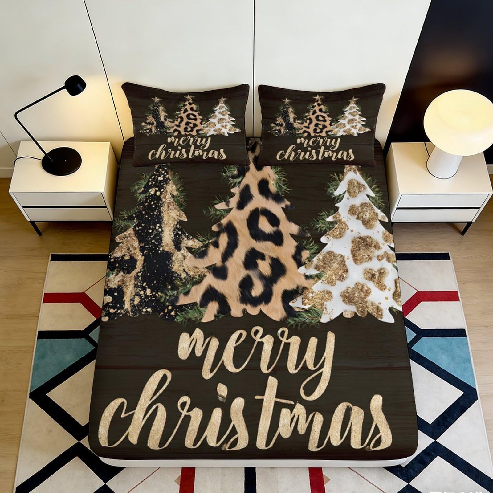 3D Printed Leopard Christmas Tree Fitted Sheet Microfiber Soft Breathable Glitter Pine Tree Mattress Cover for Bedroom Dormitory Guest Room 200x200x25cm