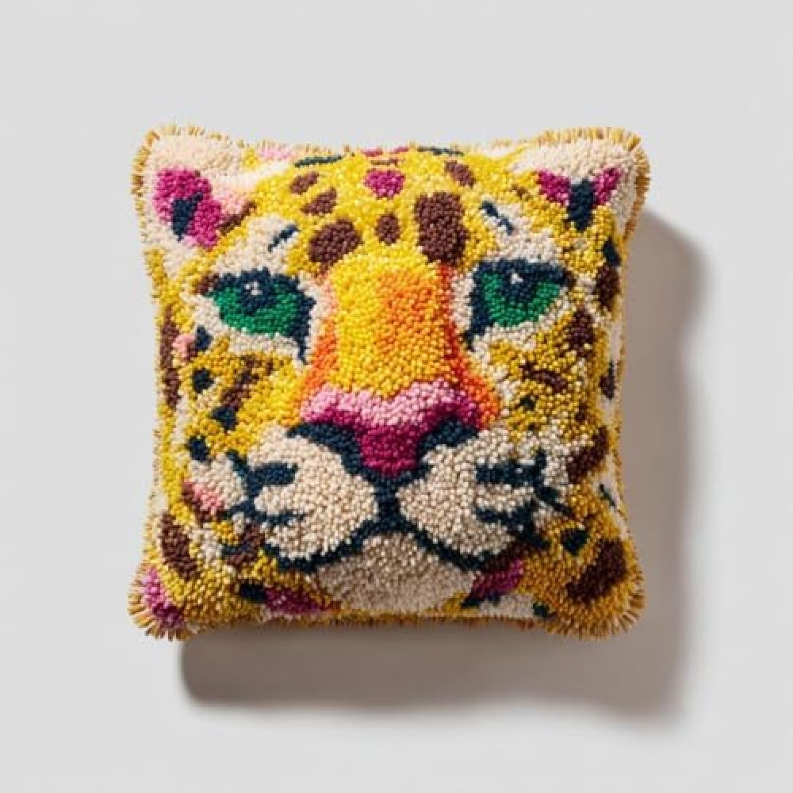 kitphoenix Beginner Latch Hook Kit Adults,Cheetah,DIY Cushion Cover Punch Needle Embroidery Kit,Pre-Printed 43x43cm Canvas,Complete Set with Yarns & Hooks