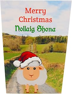 Westmon Works Irish Christmas Card with Nollaig Shona Ireland Scene Sheep with Santa Hat and Blessing Poem Inside and Envelope Included