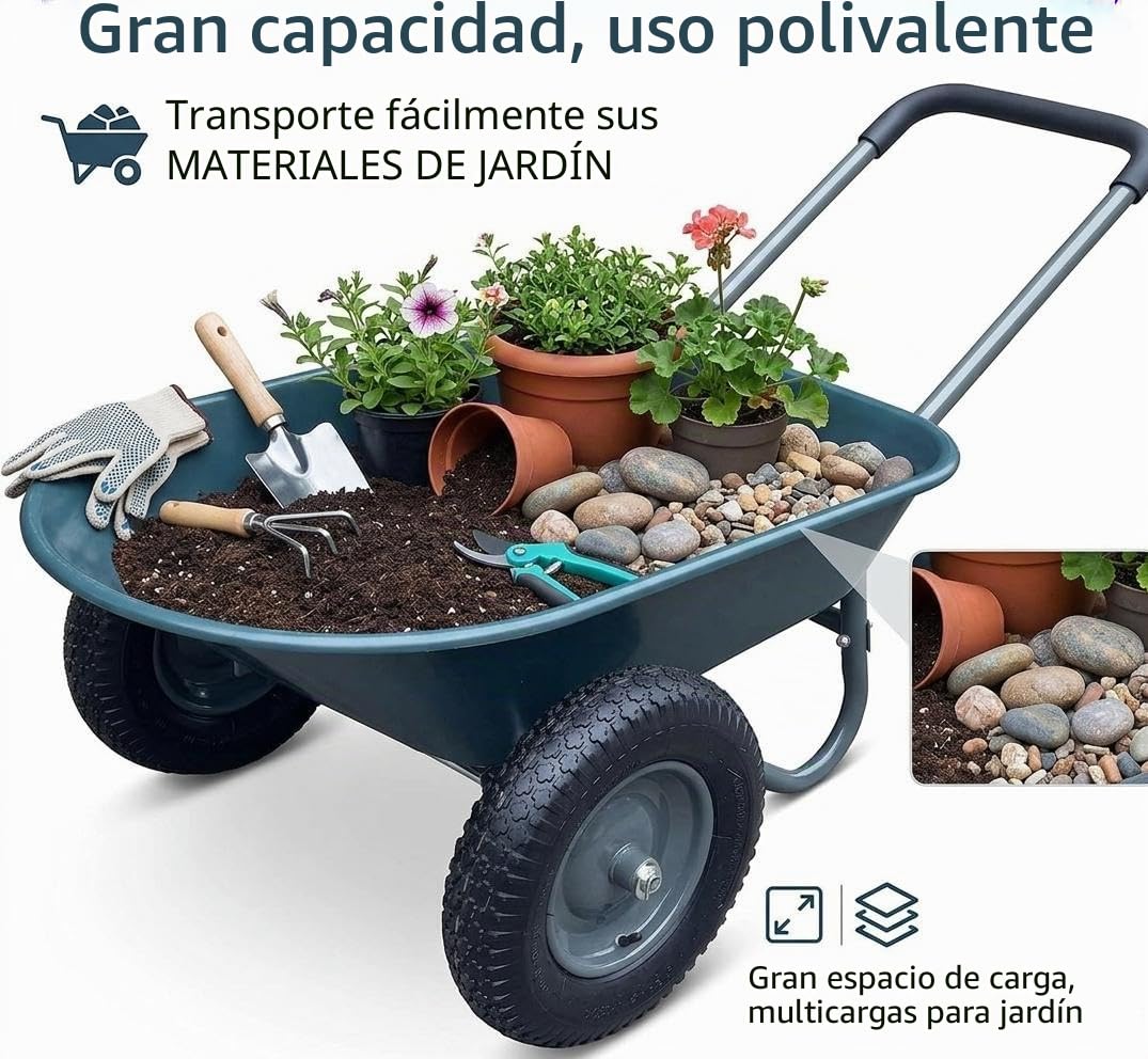 Carretilla de jardín con 2 ruedas, carro de utilidad de hierro y plástico, dimensiones 124 x 66 x 62,5 cm, multicolor, para jardín, patio y exterior