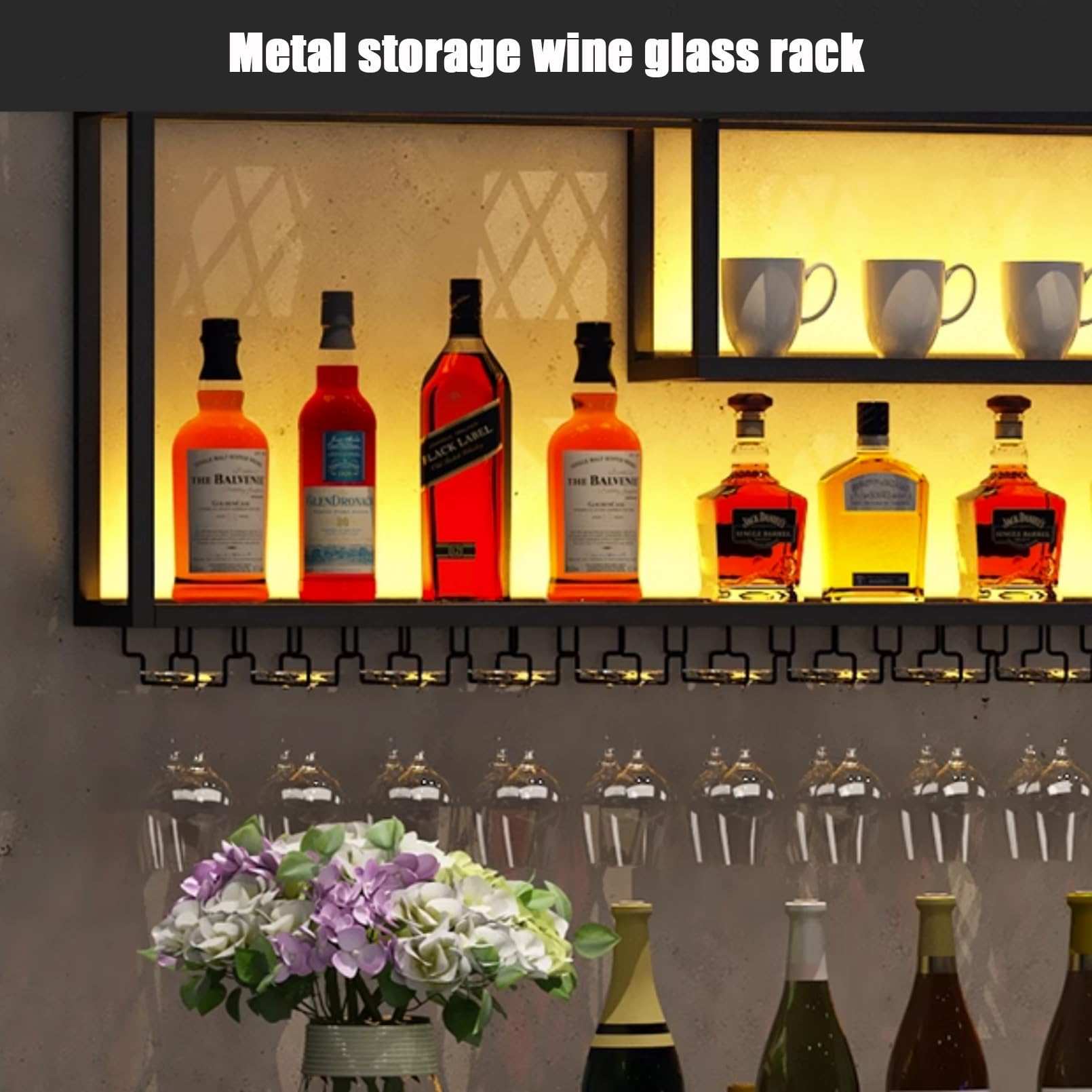 Portabottiglie da parete in stile industriale con luci a LED, ripiani bar sospesi, espositore salvaspazio per bottiglie di liquore e portabicchieri, design moderno in metallo (118,1"x7,9"x47