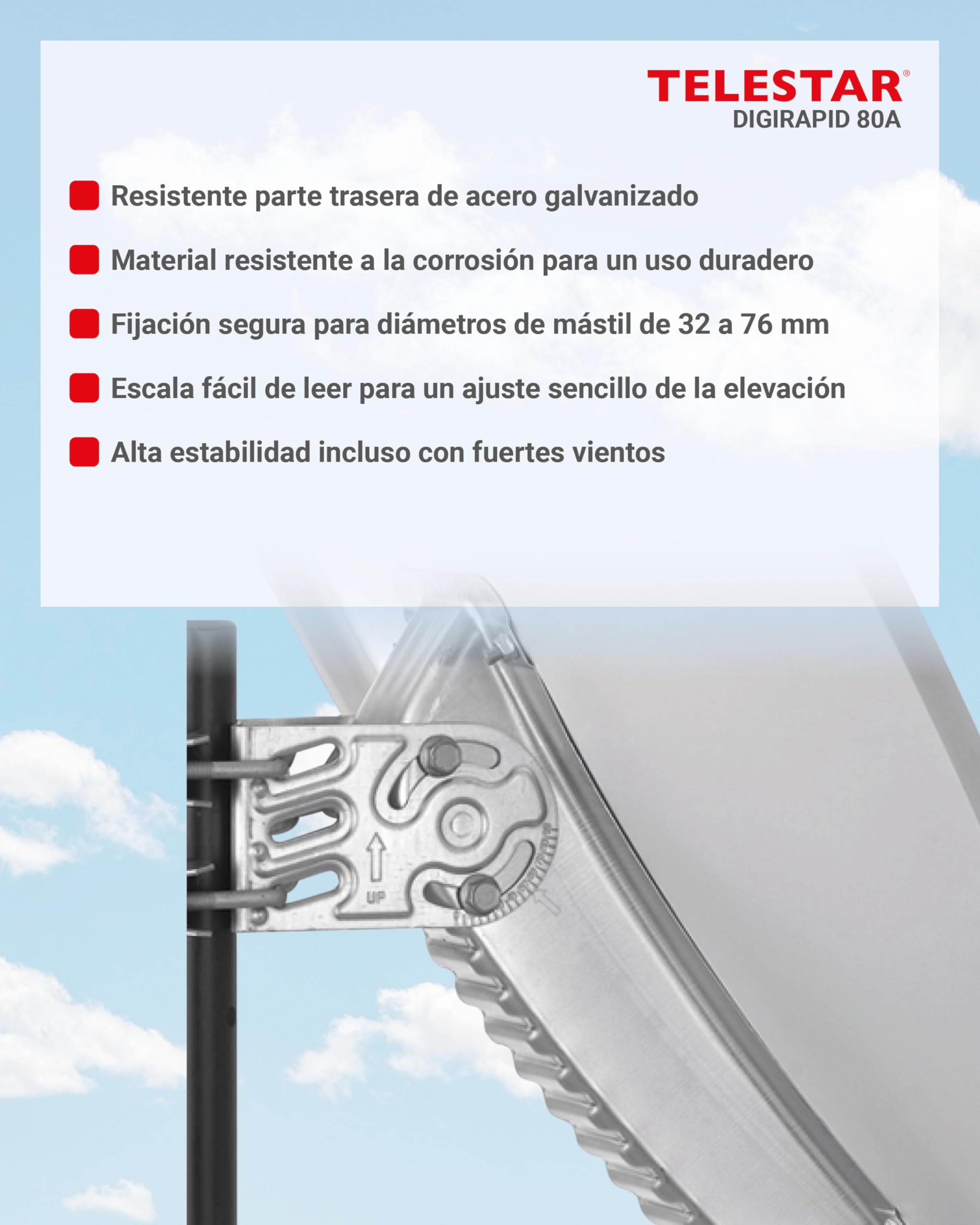 TELESTAR DIGIRAPID 80 A V2 – Antena parabólica satélite (80 cm, Aluminio, Brazo de alimentación Estable Gris Claro