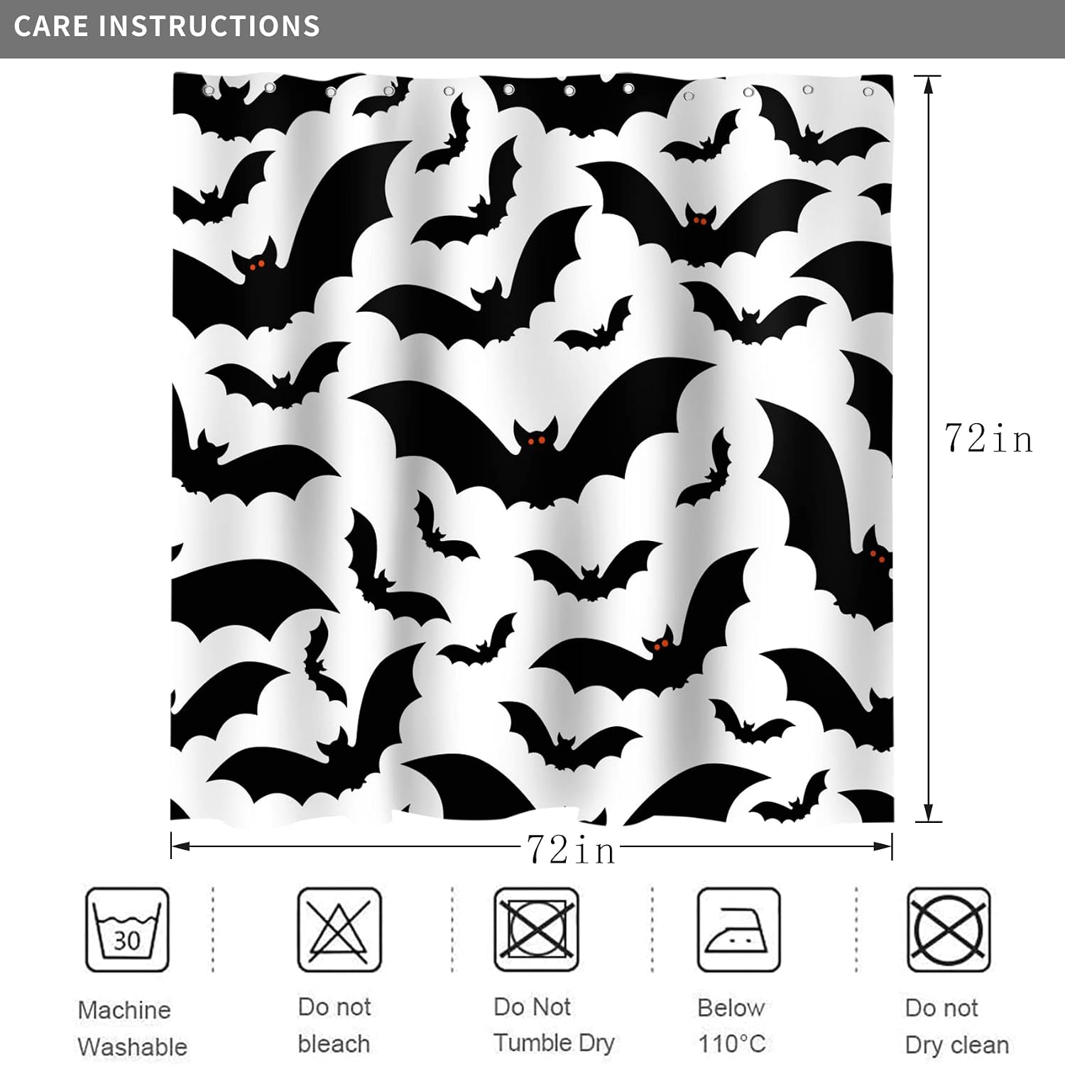 Halloween Shower Curtain, Halloween Theme Black and White Bat Bathroom Curtain Halloween Party Decor Waterproof Fabric Machine Washable with 12 Hooks
