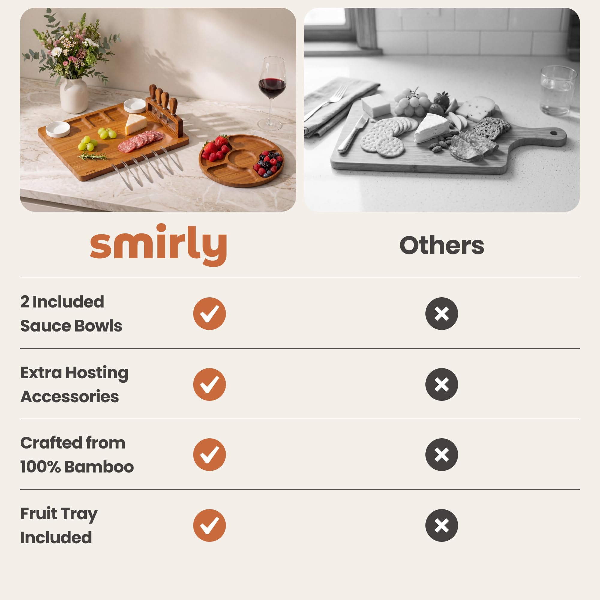 SMIRLY Coffret cadeau de planches à charcuterie : ensemble de planches à charcuterie, plateau à fromage plat en bambou marron V1-blanc – Cadeau de pendaison de crémaillère, cadeau de mariage pour