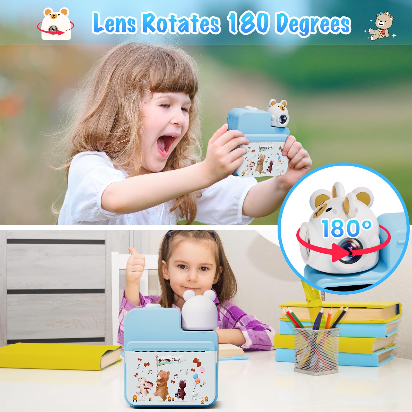 Gofunly Macchina Fotografica Bambini Istantanea, 3,0 Pollici Fotocamera Istantanea Bambini con 32GB Scheda & 3 Carta Stampa, 14MP/1080P HD Videocamera Fotocamera Digitali per Bambino da 3-12 Anni