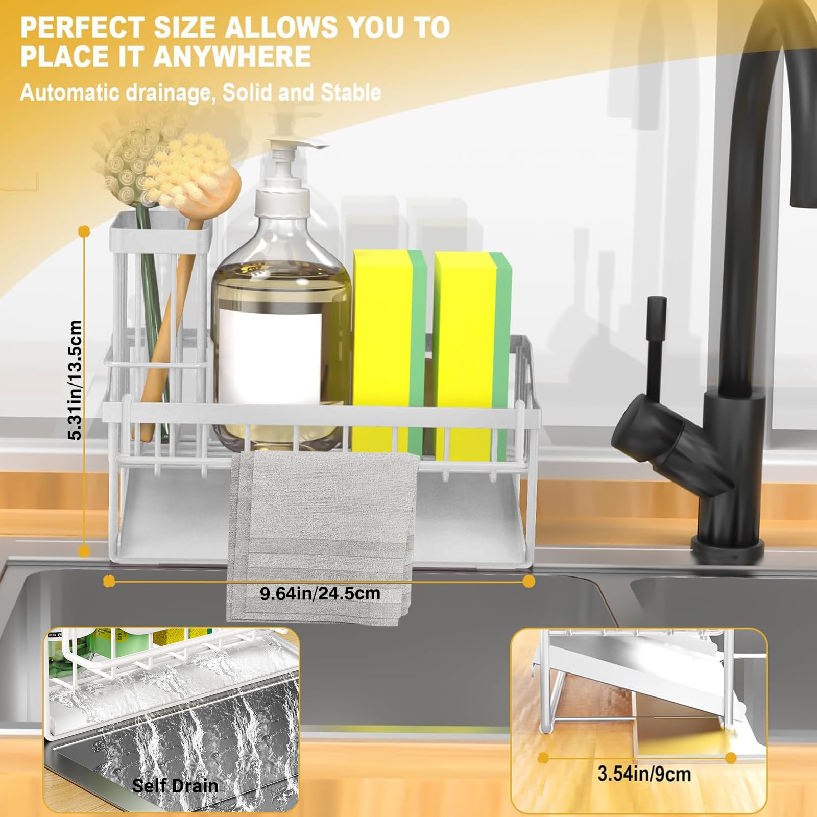 Spülbecken Organizer–Küchen Organizer mit Schwammhalter, Spülbürstenhalter & Geschirrtuchhalter Mit automatischem Abflusssystem Für Arbeitsplatte oder Wandmontage(Weiß)