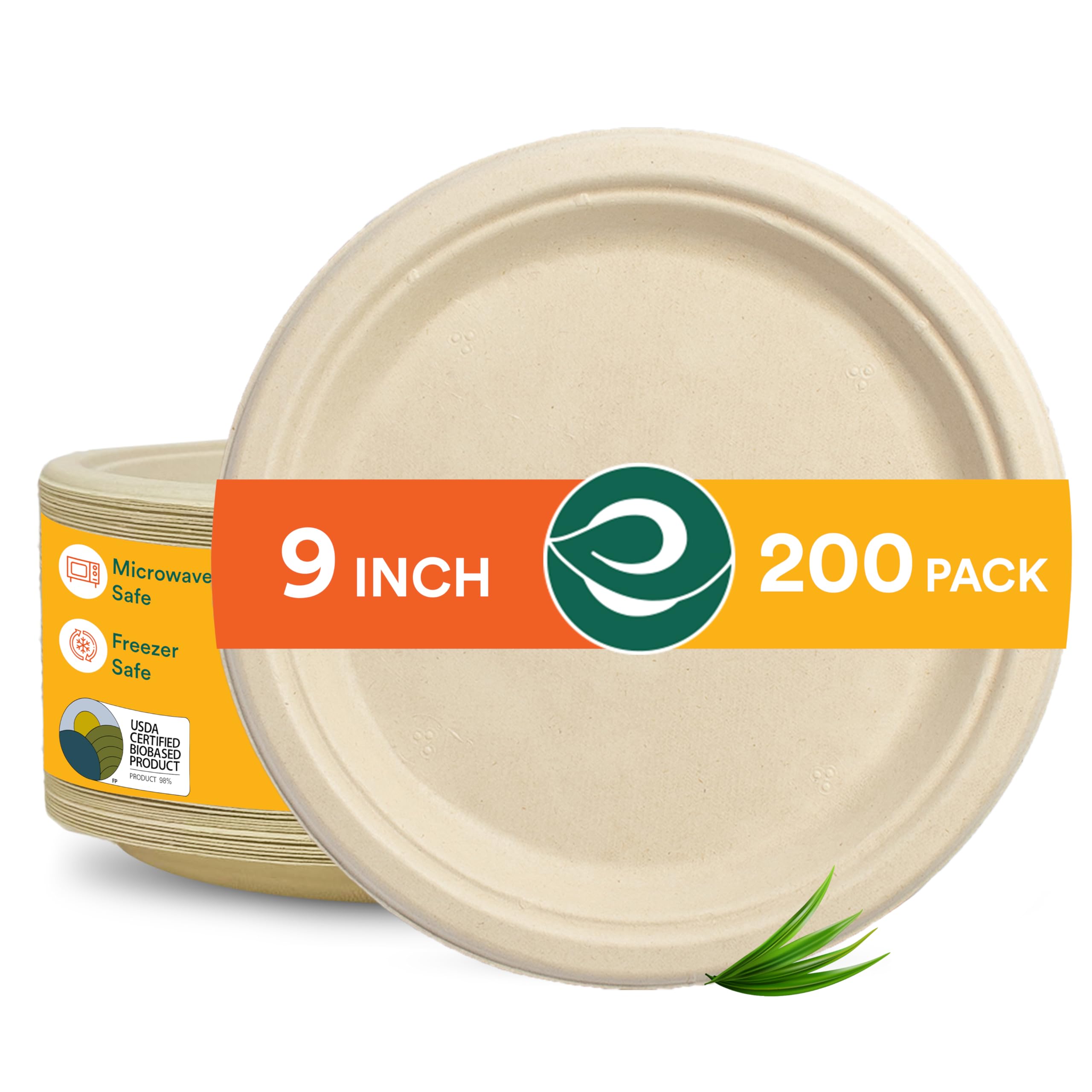 ECO SOUL Piatti di carta compostabili, 22,9 cm, confezione da 200 piatti di carta usa e getta, resistenti, in bagassa naturale, resistenti alle perdite, adatti al microonde, ecologici, per feste e