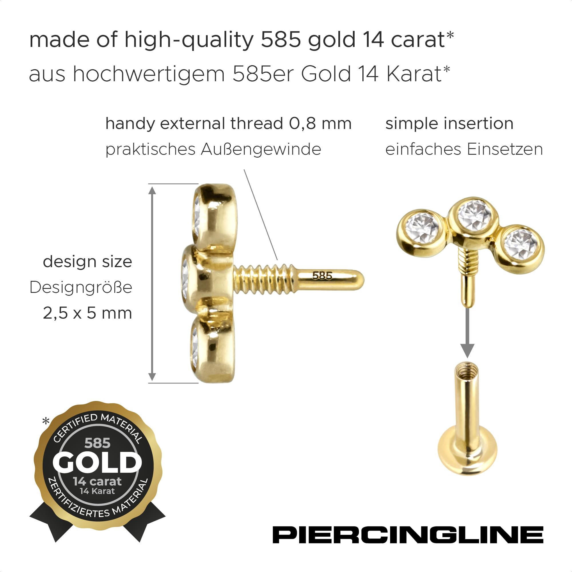 PIERCINGLINE 14 Karat Gold Ohr-Piercing Schraubaufsatz mit Gewinde OHNE Labret Stecker MOISSANIT-BOGEN