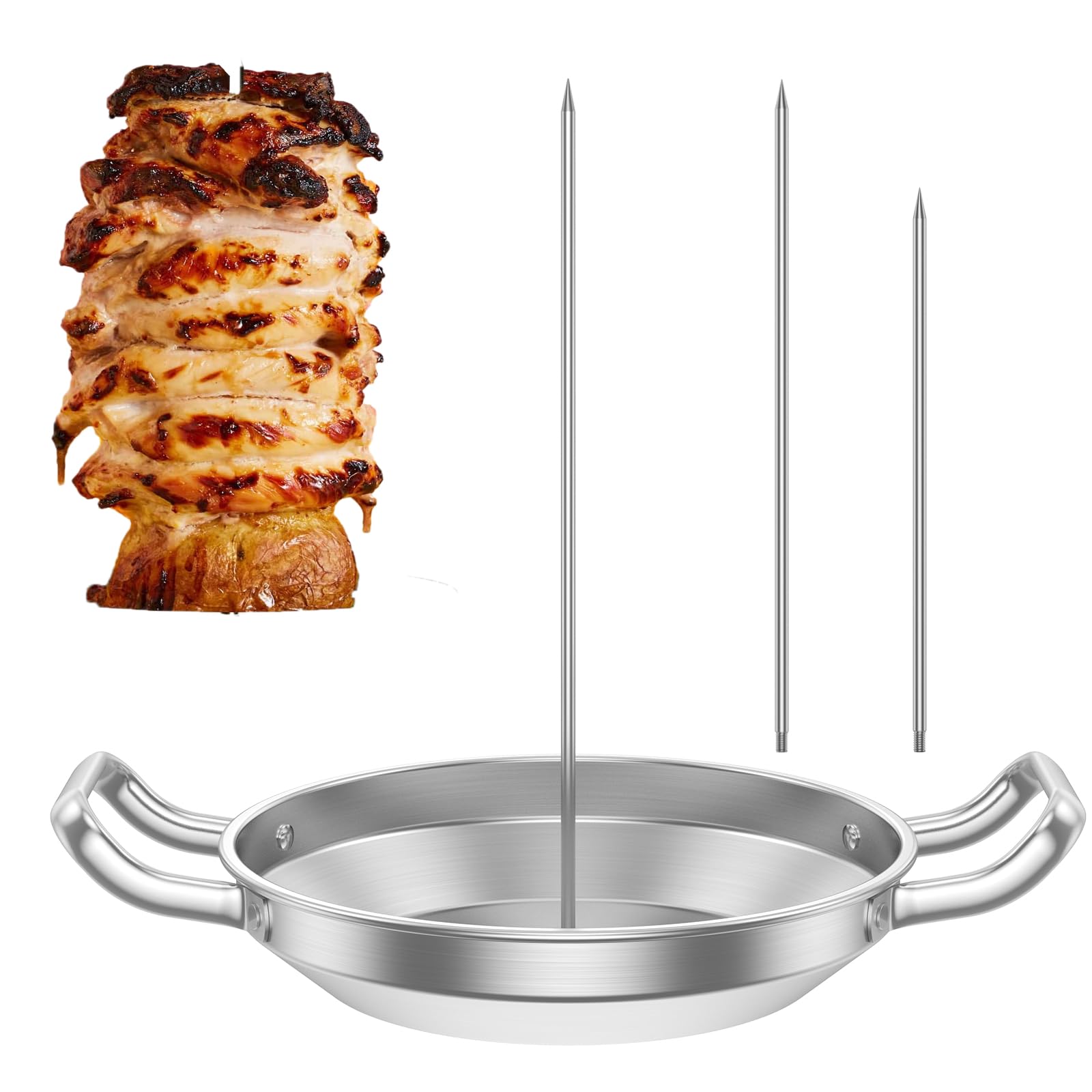Pionowy stojak na szpikulce do mięsa ze stali nierdzewnej – 3 zdejmowane kolce do brazylijskiego grillowania i wędzenia – taca ociekowa w zestawie zapewnia doskonałe rezultaty grillowania