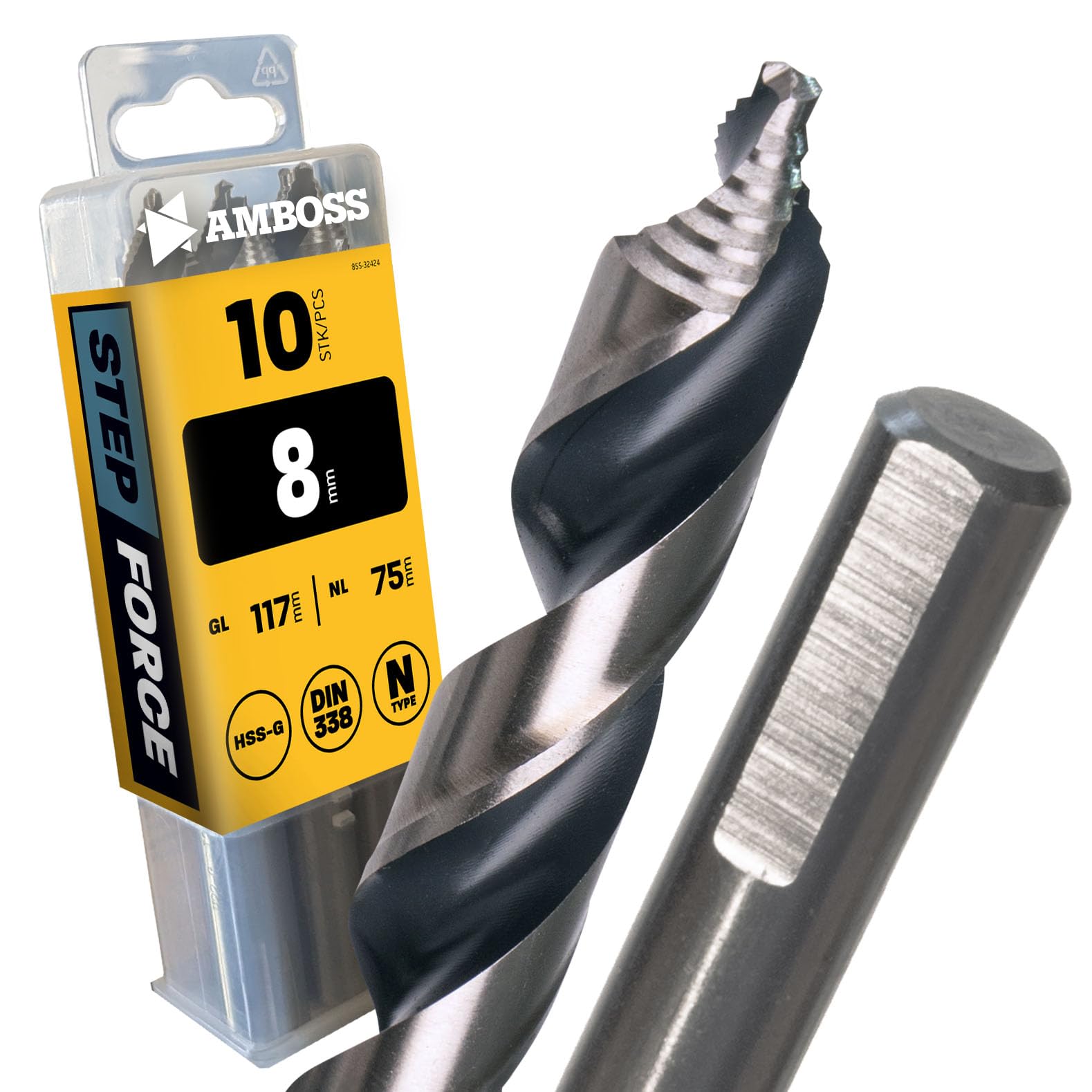 10x Spiral Drill Bit Step Force Diameter 8.0 mm - HSS-G DIN 338 for Steel, Mild Steel, Aluminium, Non-ferrous Metals AMBOSS WERKZEUGE® Drill Sheet Metal Profile - Hexagonal for Drill, Cordless Drill,