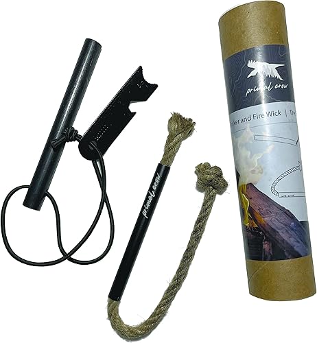 Primal Crow Ferro Rod Survival - Kit de arranque de fuego y mecha de fuego - Herramienta de supervivencia para arranque de fuego, varilla de