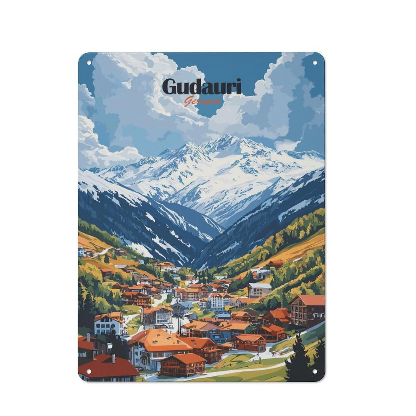 Junmoney Style-12 Gudauri, Georgia Mountain Village Decorative Tin Plaque 40X30cm, Decorative Novelty Wall Art For Hallway, Home Bar, Garage Or Study