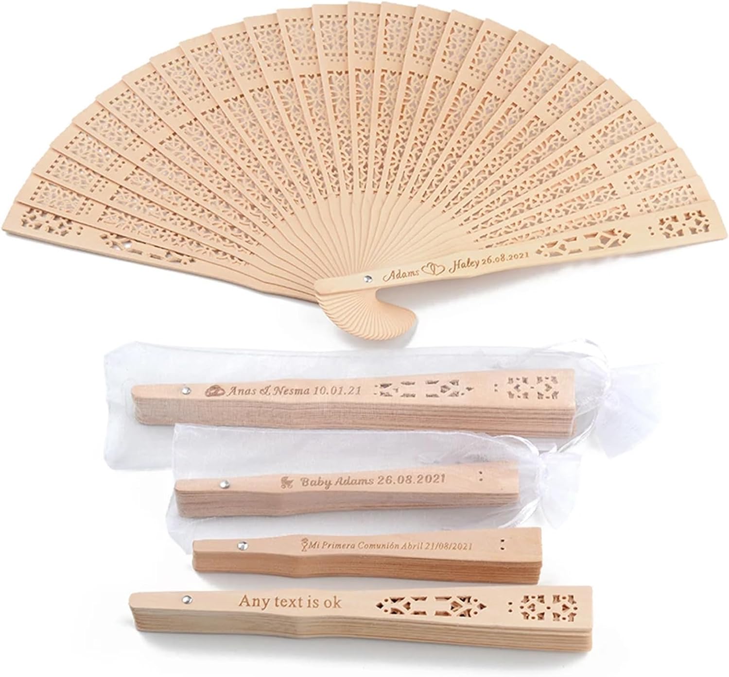 Personalized Wooden Fans with Engraving Names,Wedding Folding Fans for Guests,Personalized Wooden Fan Wedding Favour, Engraved Fans (60 PCS)