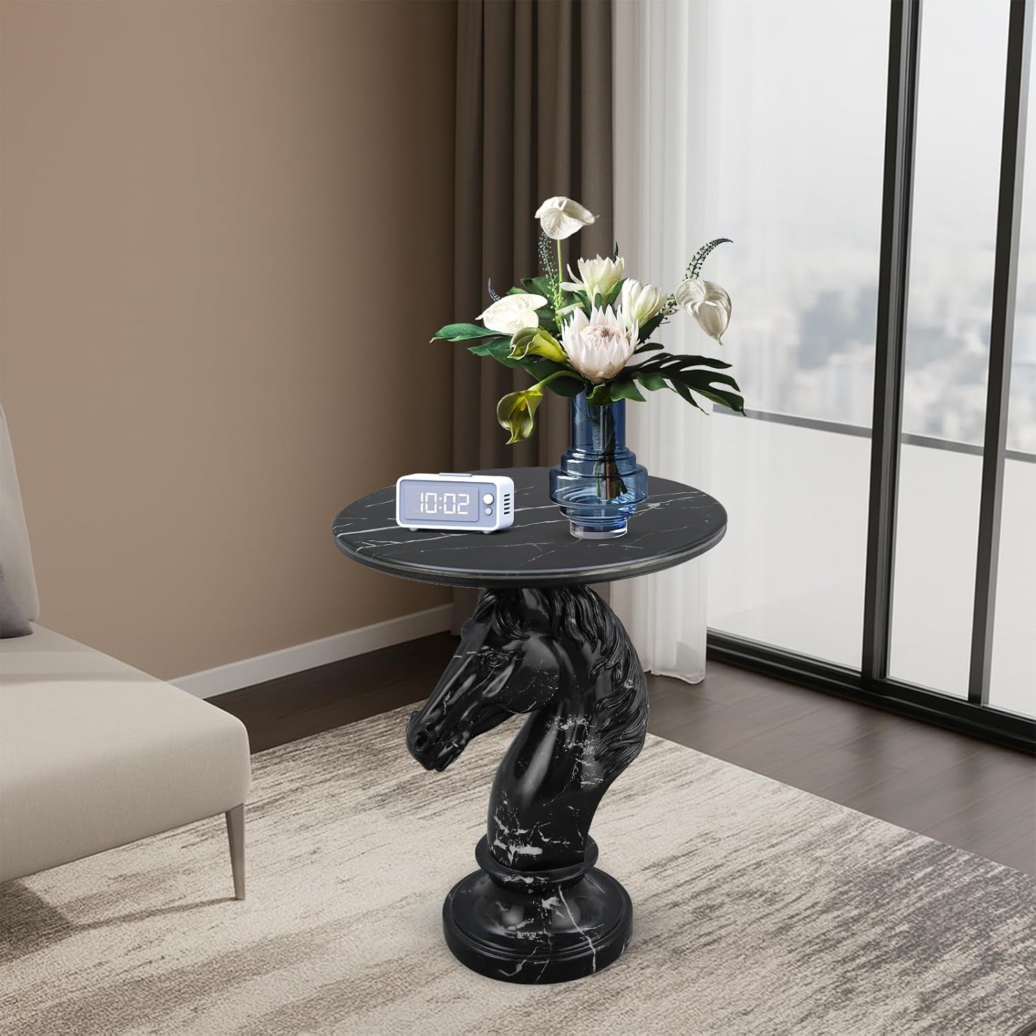 Majestic Horse Side Table, Obsidian Black Sculpture Accent Table with Faux Marble Top, Unique Animal Figurine Furniture for Home Office