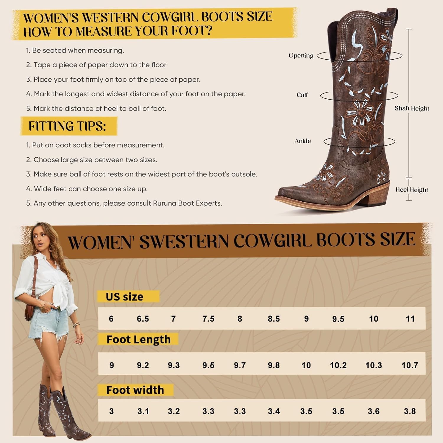 Cowboy Boots for Women Wide Calf - Cowgirl Boots with Pointed Toe and Chunky Heel for All-Day Comfort | Perfect for Country Music Festivals & Daily Wear, Brown 8 - Image 4