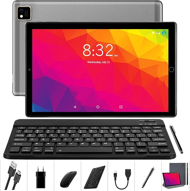 YOTOPT Tablet 10 Inch Android 4G LTE tablet PC, with Keyboard and Mouse Octa-Core 64GB ROM 4GB RAM(TF 1TB), 4G Dual SIM card/WIFI/GPS Bluetooth/Type C-(Grey)