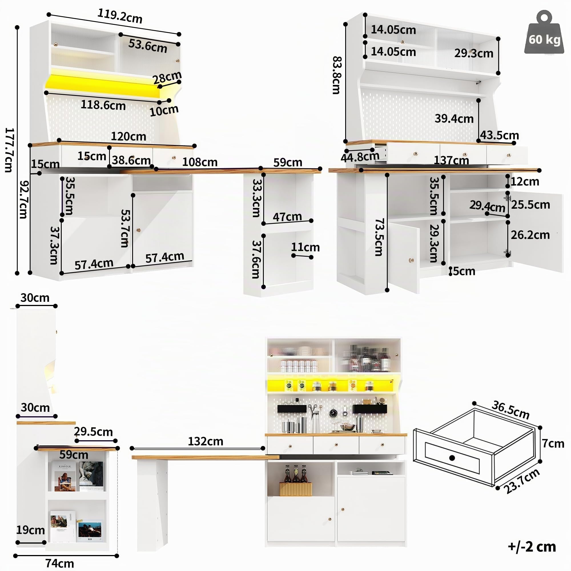Küchenschrank (137 * 45 * 178 cm), Hohes Küchenbuffet, Mehrzweckbuffet, Snackschrank, Tischschrank, Schreibtisch, Aufbewahrungsschrank mit Zwei Türen und DREI Schubladen, Weiß